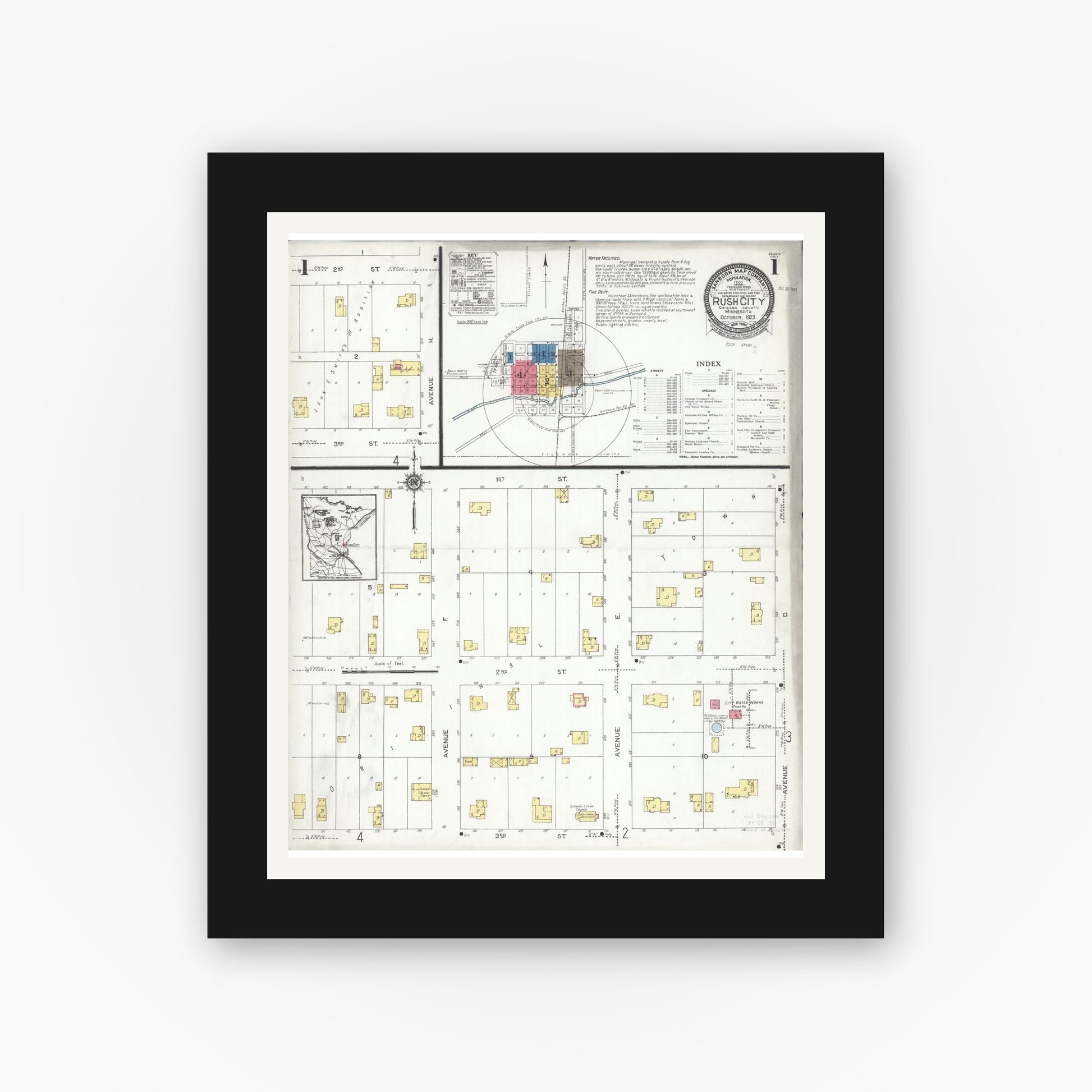 Old map wall art mockup — black gallery frame with white mat — Sanborn Fire Insurance Map from Rush City, Chisago County, Minnesota (1923), Sheet #0001