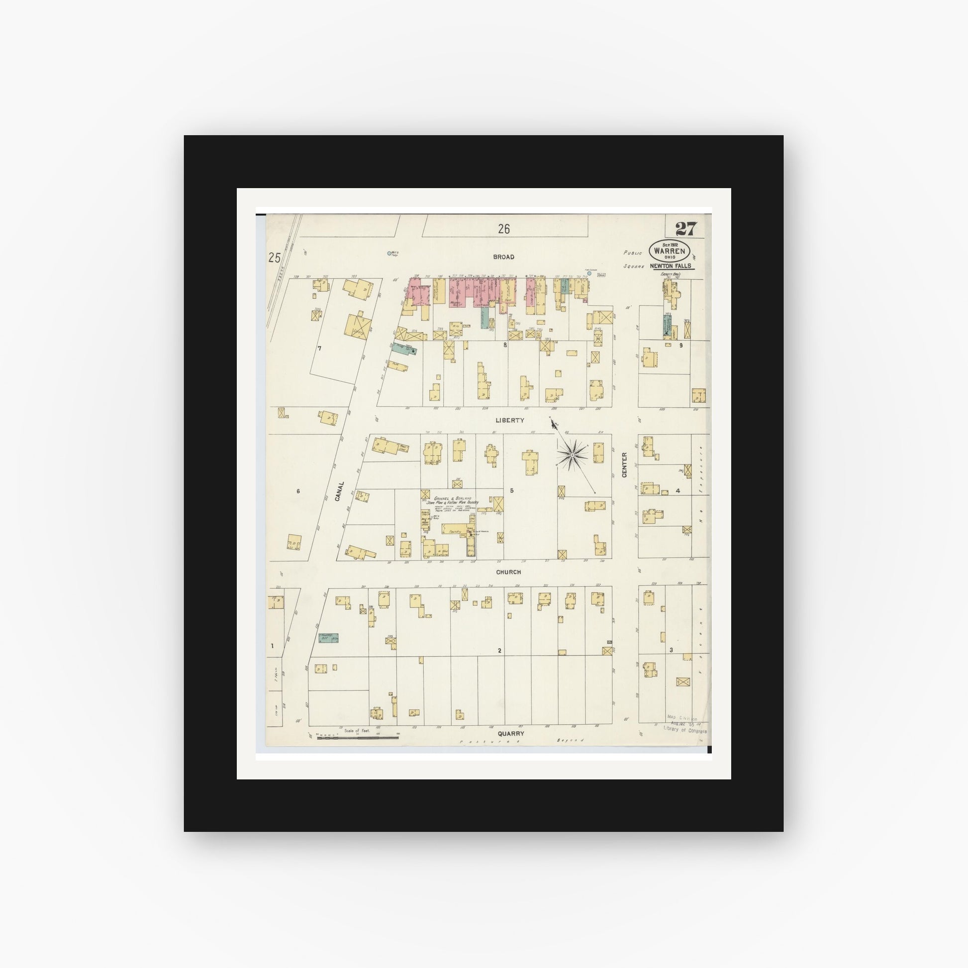 Old map wall art mockup — black gallery frame with white mat — Sanborn Fire Insurance Map from Warren, Trumbull County, Ohio (1902), Sheet #0027