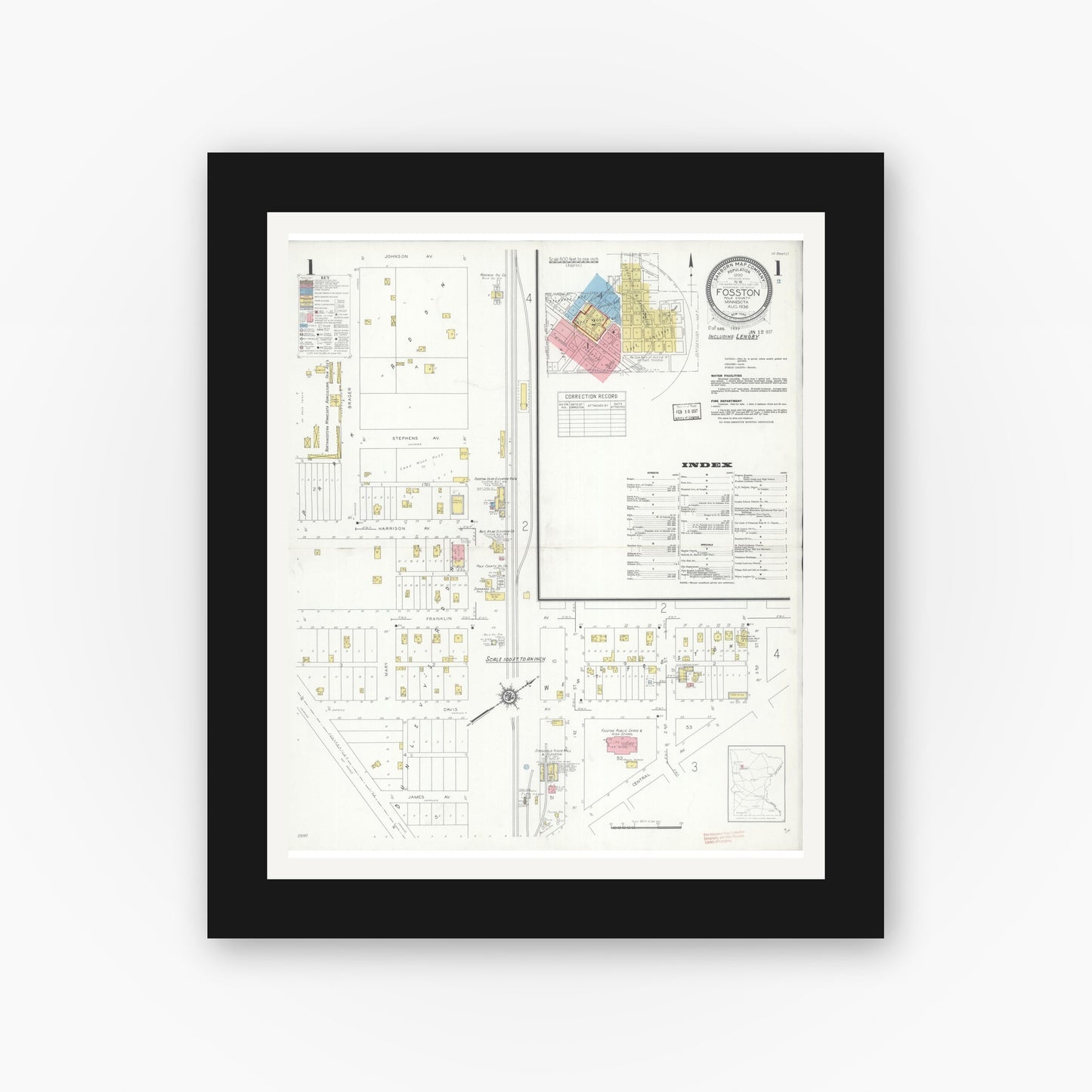 Old map wall art mockup — black gallery frame with white mat — Sanborn Fire Insurance Map from Fosston, Polk County, Minnesota (1936) - Complete Map Set