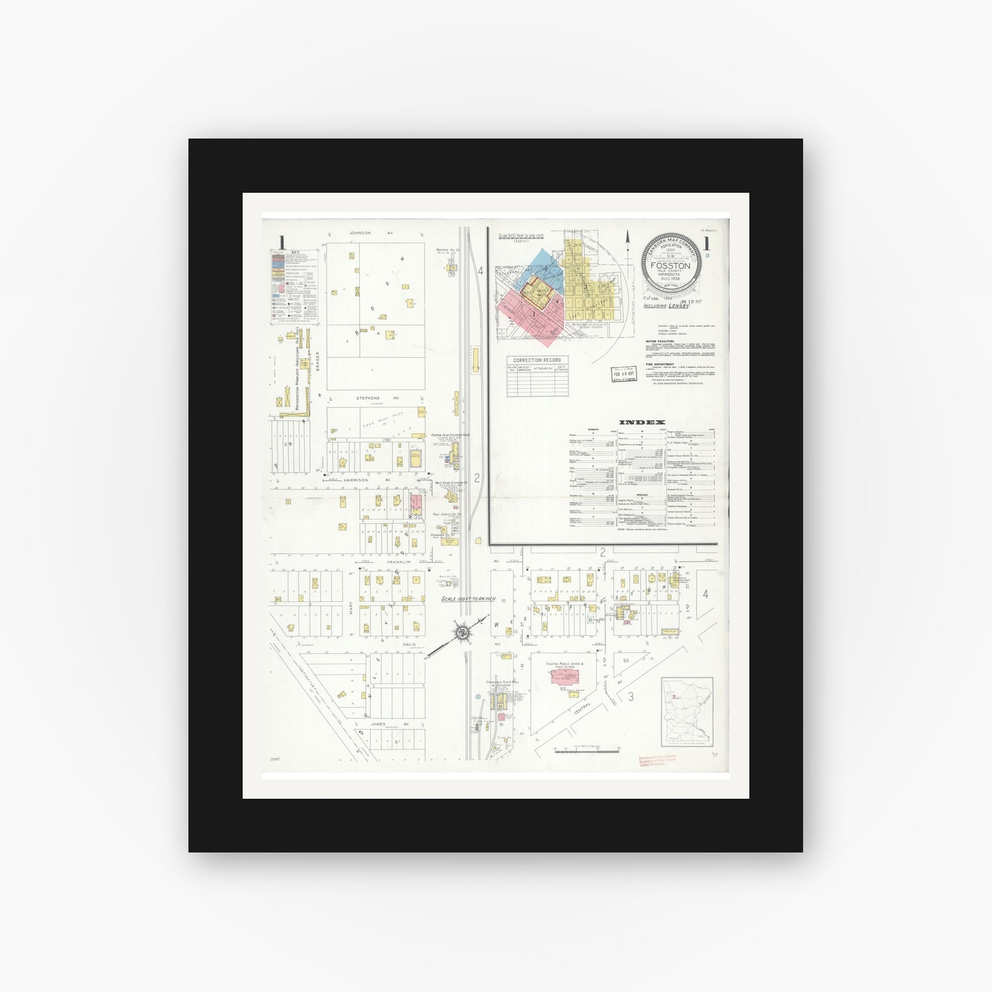 Old map wall art mockup — black gallery frame with white mat — Sanborn Fire Insurance Map from Fosston, Polk County, Minnesota (1936) - Complete Map Set