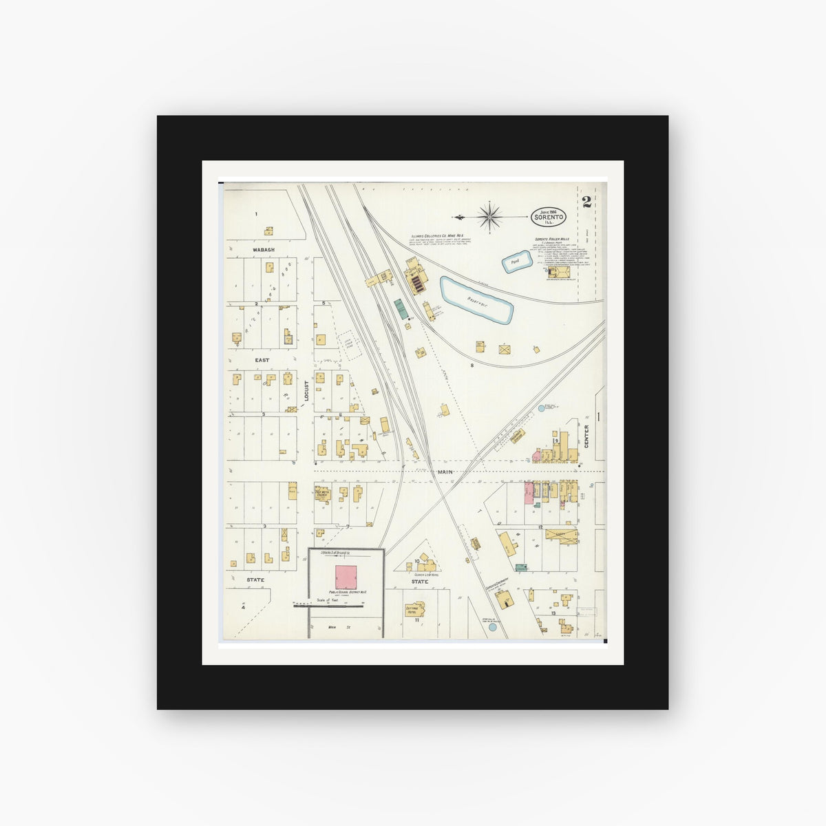 Old map wall art mockup — black gallery frame with white mat — Sanborn Fire Insurance Map from Sorento, Bond County, Illinois (1906), Sheet #0002