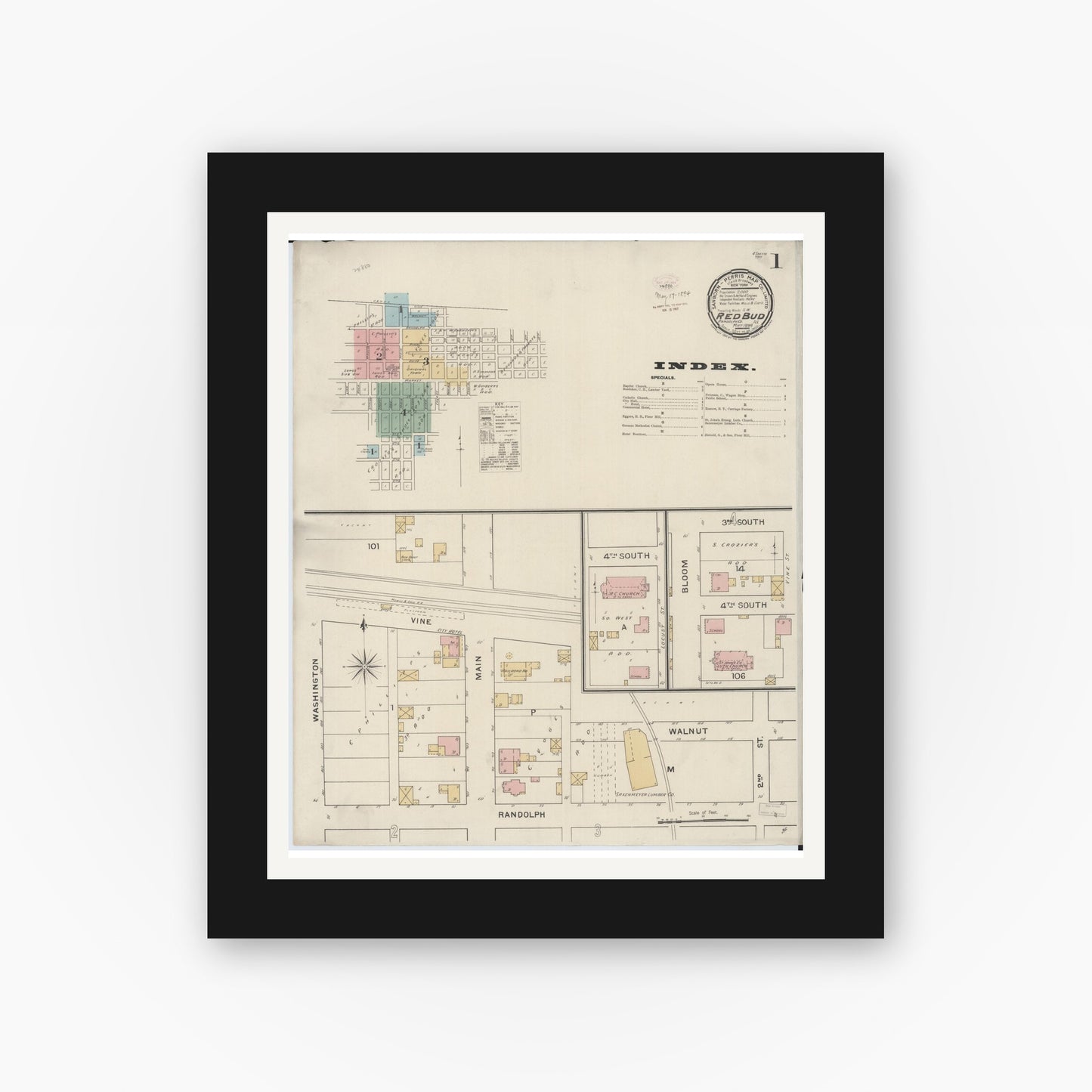 Old map wall art mockup — black gallery frame with white mat — Sanborn Fire Insurance Map from Red Bud, Randolph County, Illinois (1894), Sheet #0001