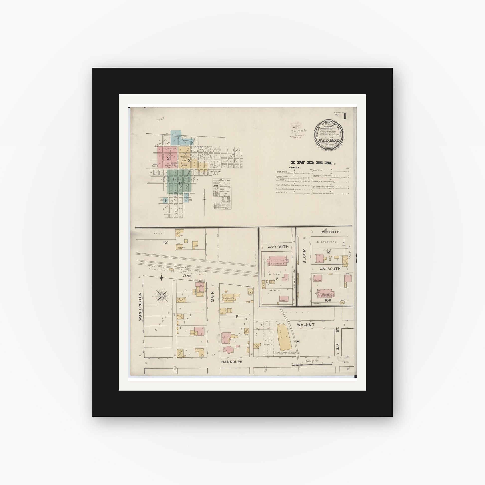 Old map wall art mockup — black gallery frame with white mat — Sanborn Fire Insurance Map from Red Bud, Randolph County, Illinois (1894), Sheet #0001