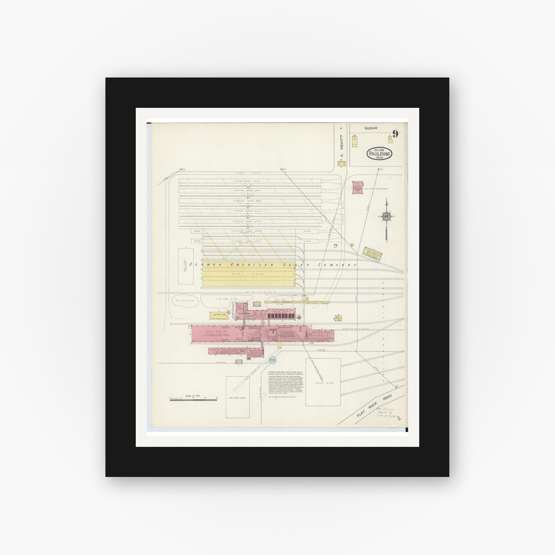 Old map wall art mockup — black gallery frame with white mat — Sanborn Fire Insurance Map from Paulding, Paulding County, Ohio (1913), Sheet #0009
