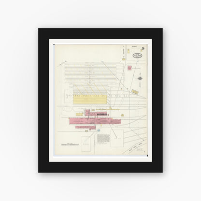 Old map wall art mockup — black gallery frame with white mat — Sanborn Fire Insurance Map from Paulding, Paulding County, Ohio (1913), Sheet #0009