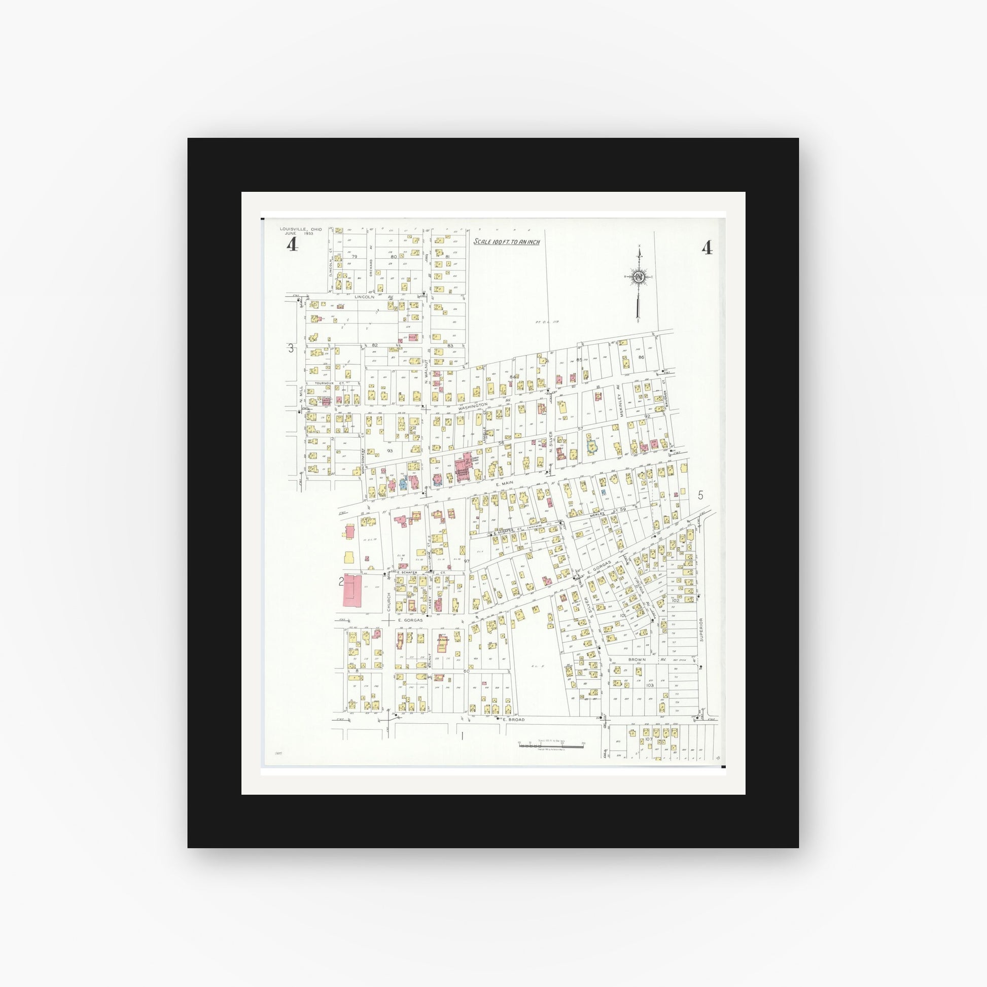 Old map wall art mockup — black gallery frame with white mat — Sanborn Fire Insurance Map from Louisville, Stark County, Ohio (1933), Sheet #0004