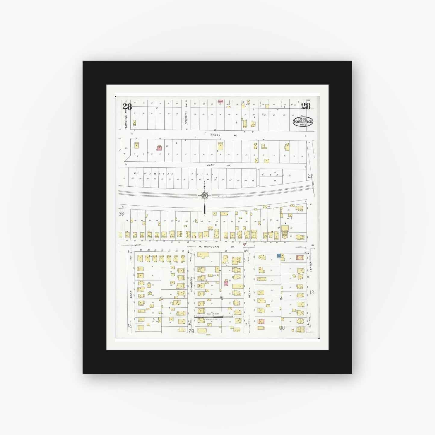 Old map wall art mockup — black gallery frame with white mat — Sanborn Fire Insurance Map from Barberton, Summit County, Ohio (1927), Sheet #0028