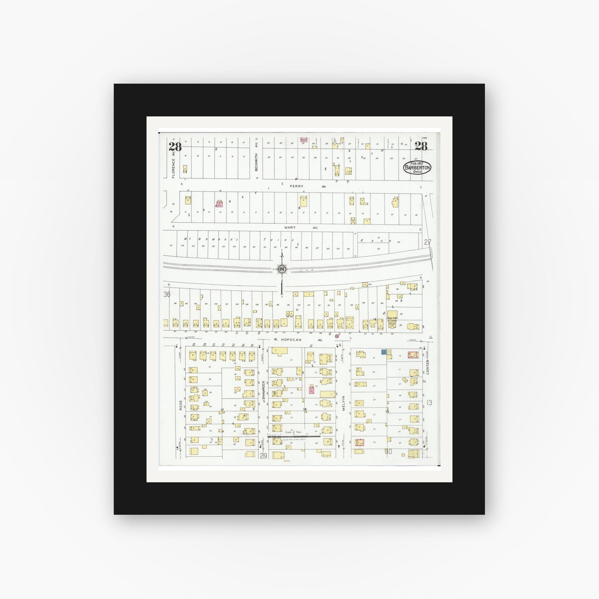 Old map wall art mockup — black gallery frame with white mat — Sanborn Fire Insurance Map from Barberton, Summit County, Ohio (1927), Sheet #0028