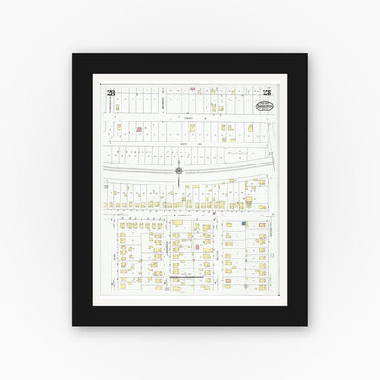 Old map wall art mockup — black gallery frame with white mat — Sanborn Fire Insurance Map from Barberton, Summit County, Ohio (1927), Sheet #0028
