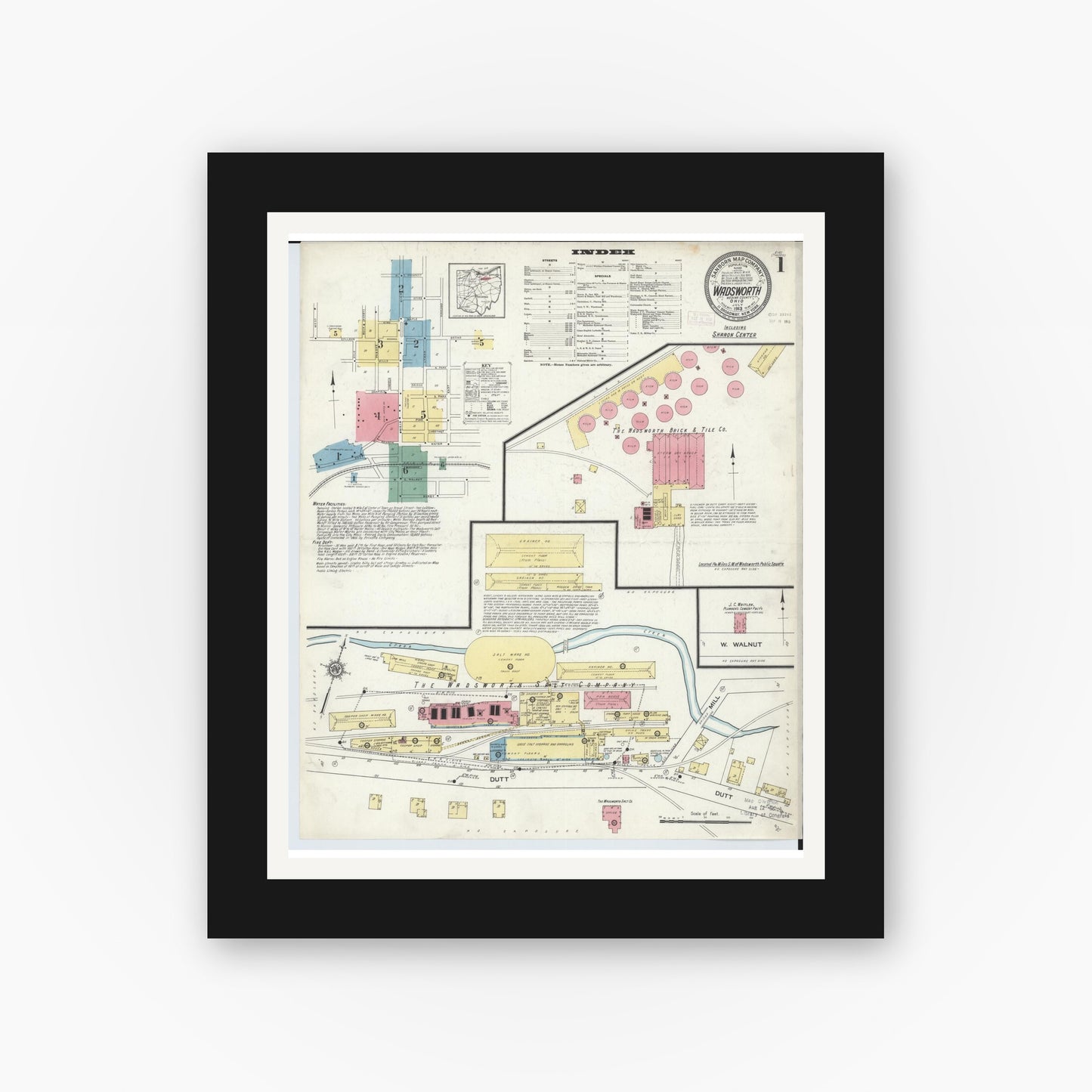 Old map wall art mockup — black gallery frame with white mat — Sanborn Fire Insurance Map from Wadsworth, Medina County, Ohio (1913), Sheet #0001