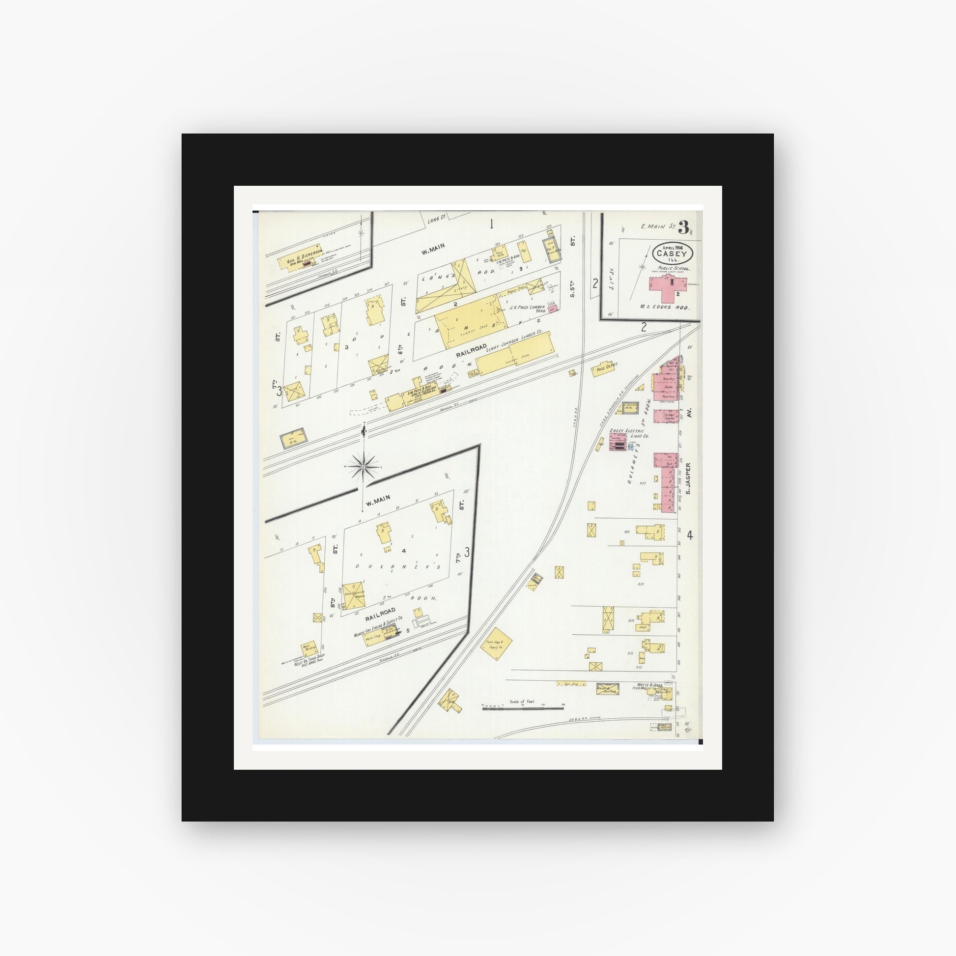 Old map wall art mockup — black gallery frame with white mat — Sanborn Fire Insurance Map from Casey, Clark County, Illinois (1906), Sheet #0003