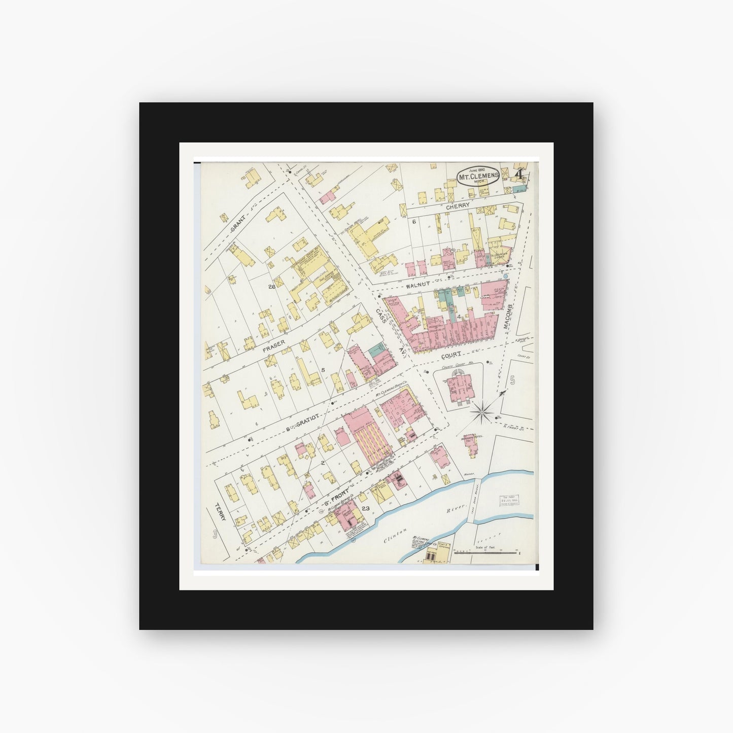 Old map wall art mockup — black gallery frame with white mat — Sanborn Fire Insurance Map from Mount Clemens, Macomb County, Michigan (1892), Sheet #0004