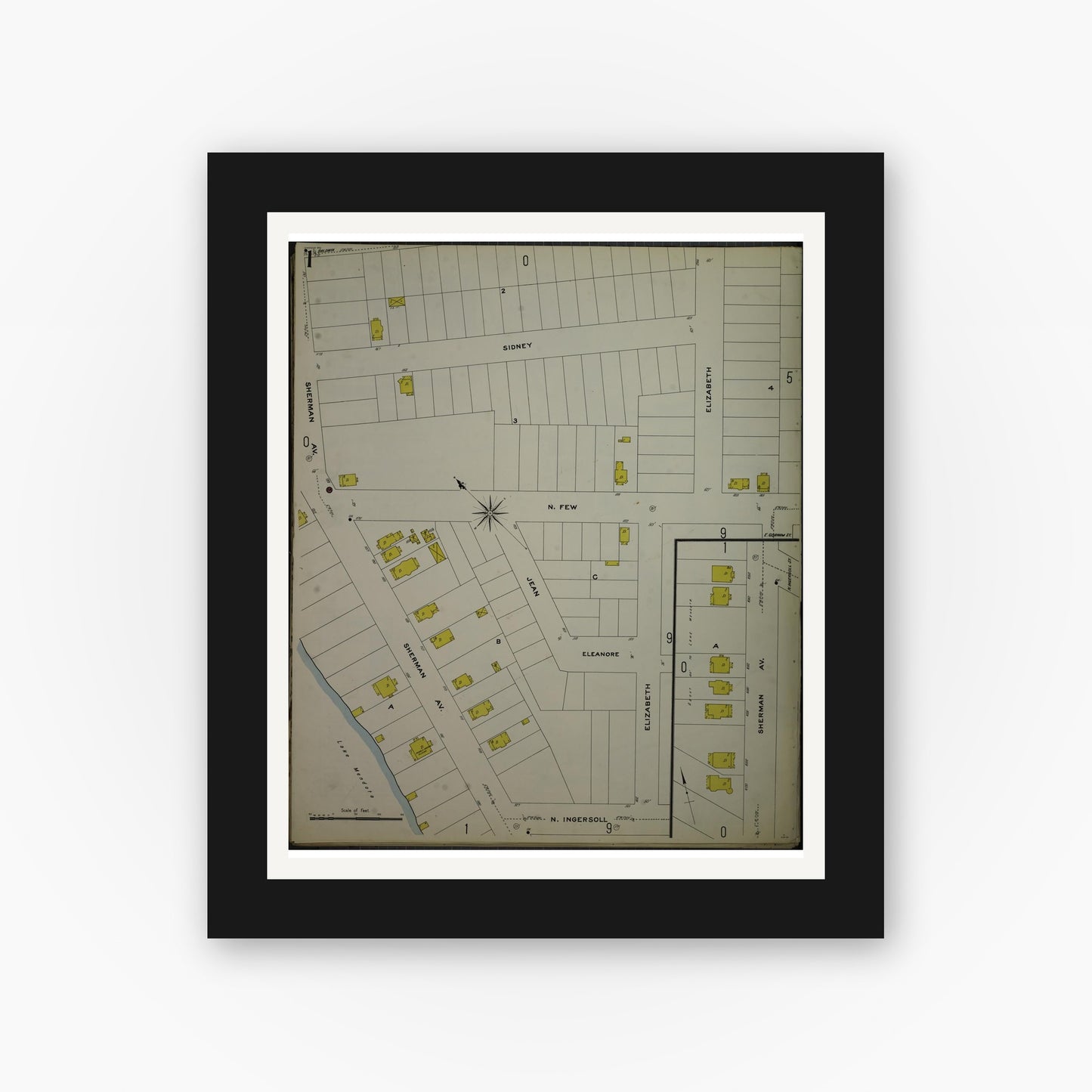 Old map wall art mockup — black gallery frame with white mat — Sanborn Fire Insurance Map from Madison, Dane County, Wisconsin (1908), Sheet #0001