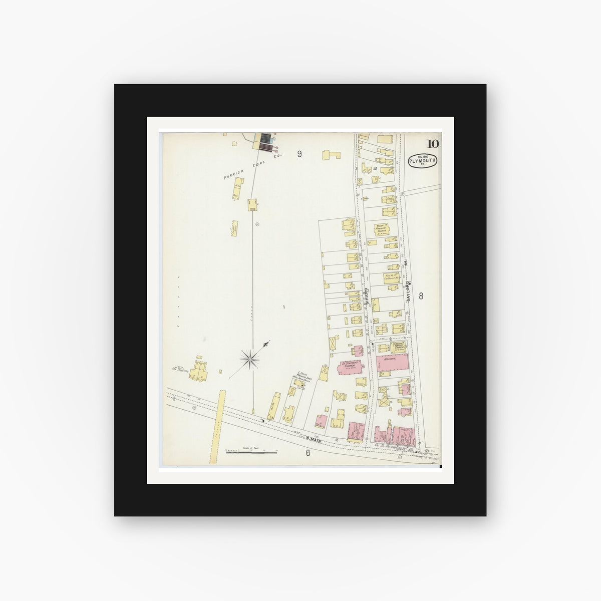 Old map wall art mockup — black gallery frame with white mat — Sanborn Fire Insurance Map from Plymouth, Luzerne County, Pennsylvania (1896), Sheet #0010