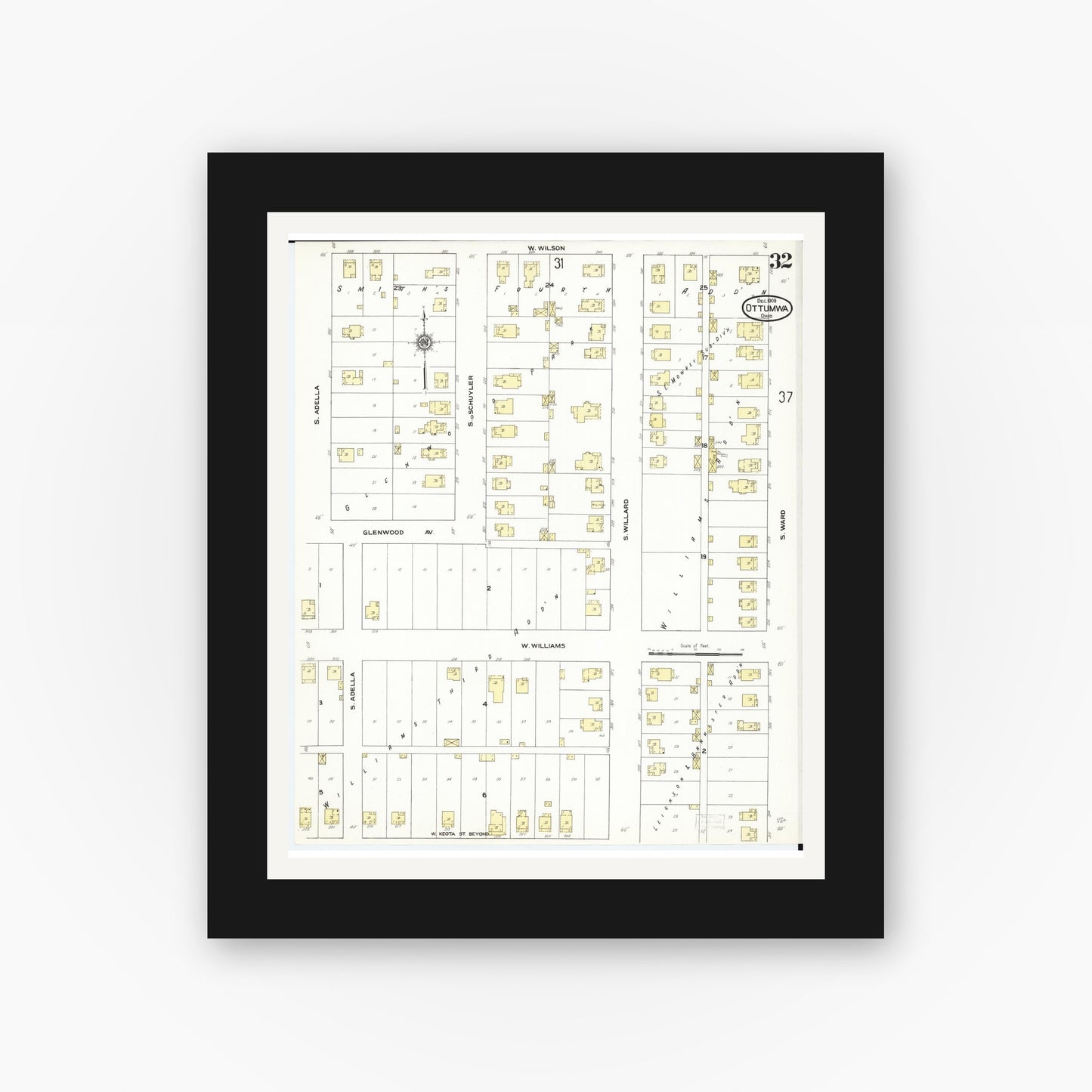 Old map wall art mockup — black gallery frame with white mat — Sanborn Fire Insurance Map from Ottumwa, Wapello County, Iowa (1909), Sheet #0032