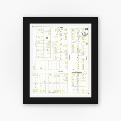 Old map wall art mockup — black gallery frame with white mat — Sanborn Fire Insurance Map from Ottumwa, Wapello County, Iowa (1909), Sheet #0032