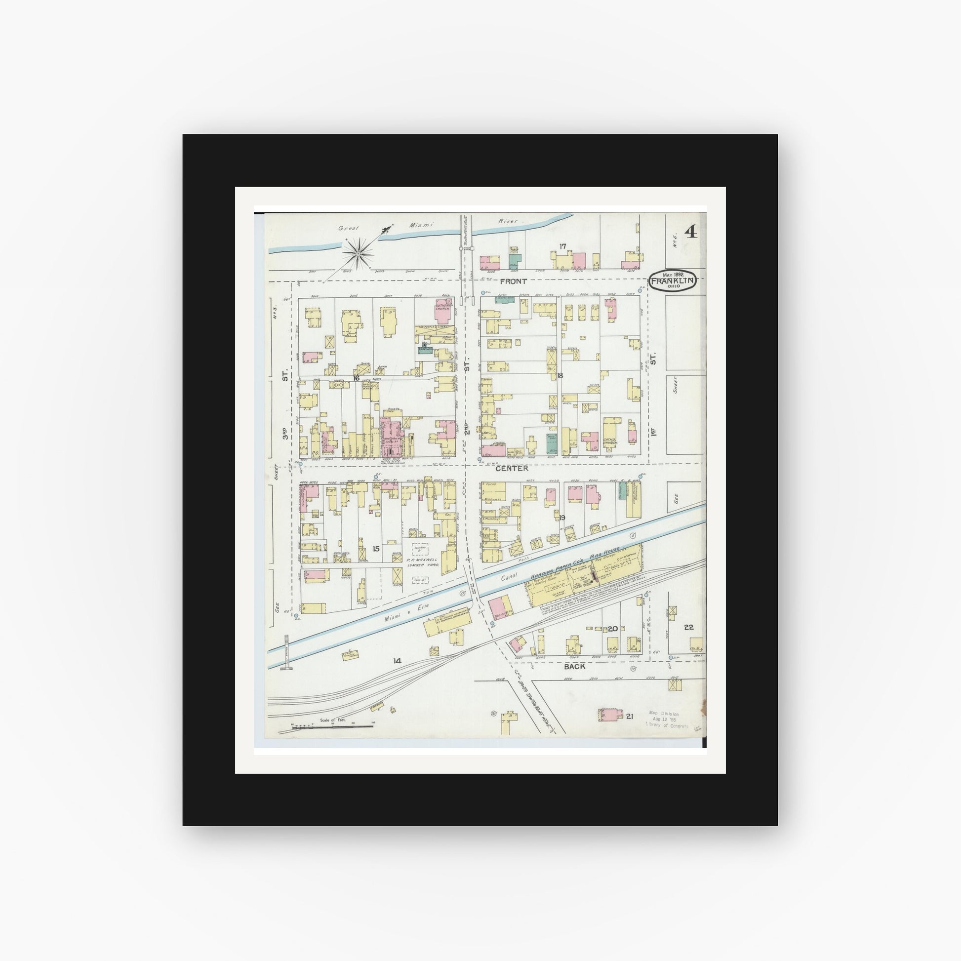 Old map wall art mockup — black gallery frame with white mat — Sanborn Fire Insurance Map from Franklin, Warren County, Ohio (1892), Sheet #0004