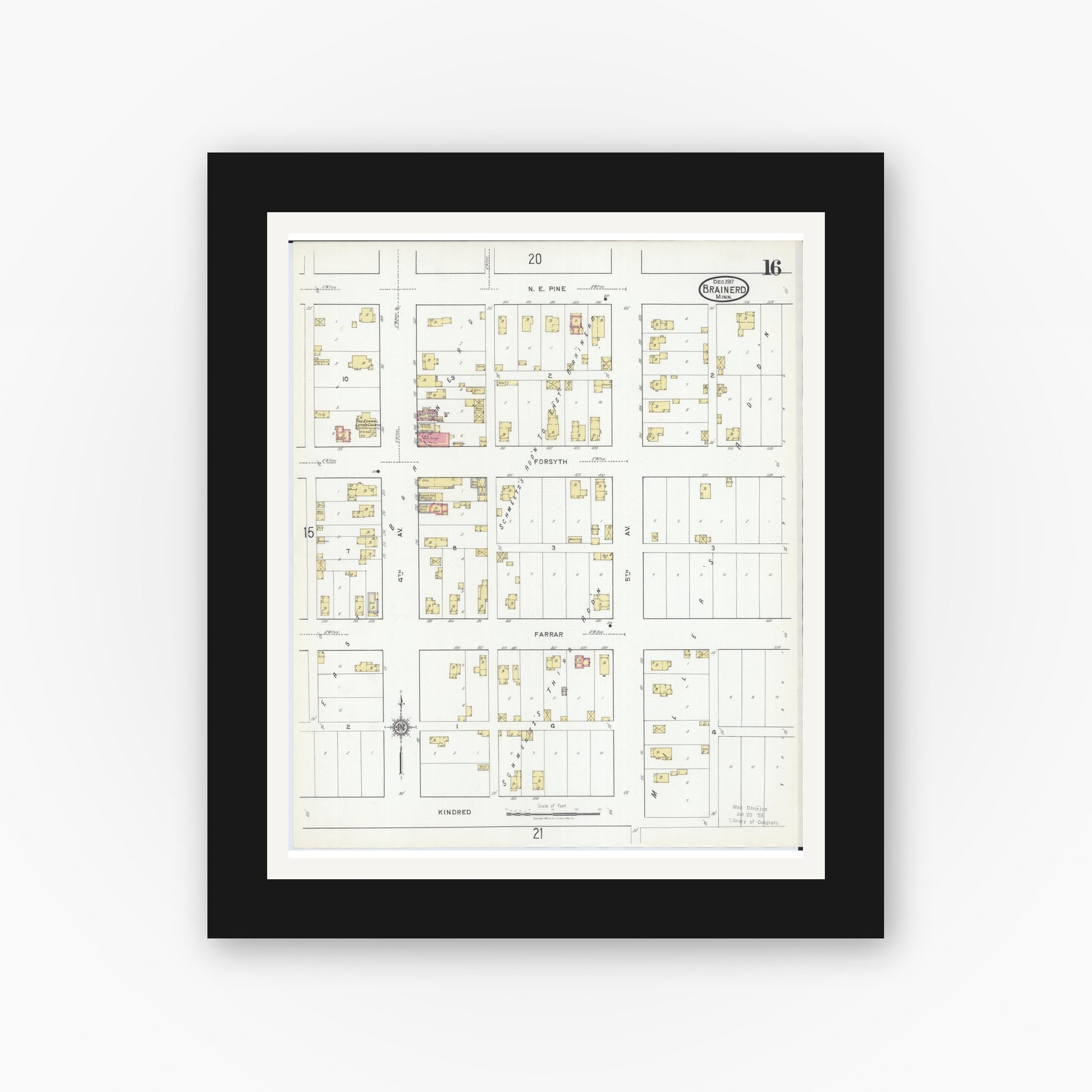 Old map wall art mockup — black gallery frame with white mat — Sanborn Fire Insurance Map from Brainerd, Crow Wing County, Minnesota (1917), Sheet #0016