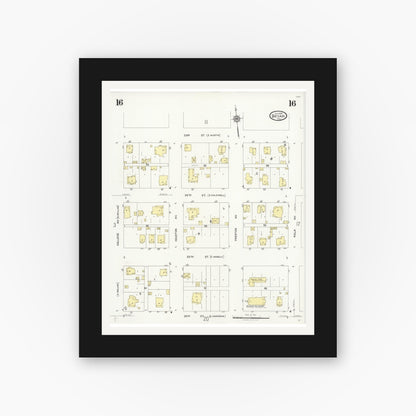 Old map wall art mockup — black gallery frame with white mat — Sanborn Fire Insurance Map from Bryan, Brazos County, Texas (1925), Sheet #0016