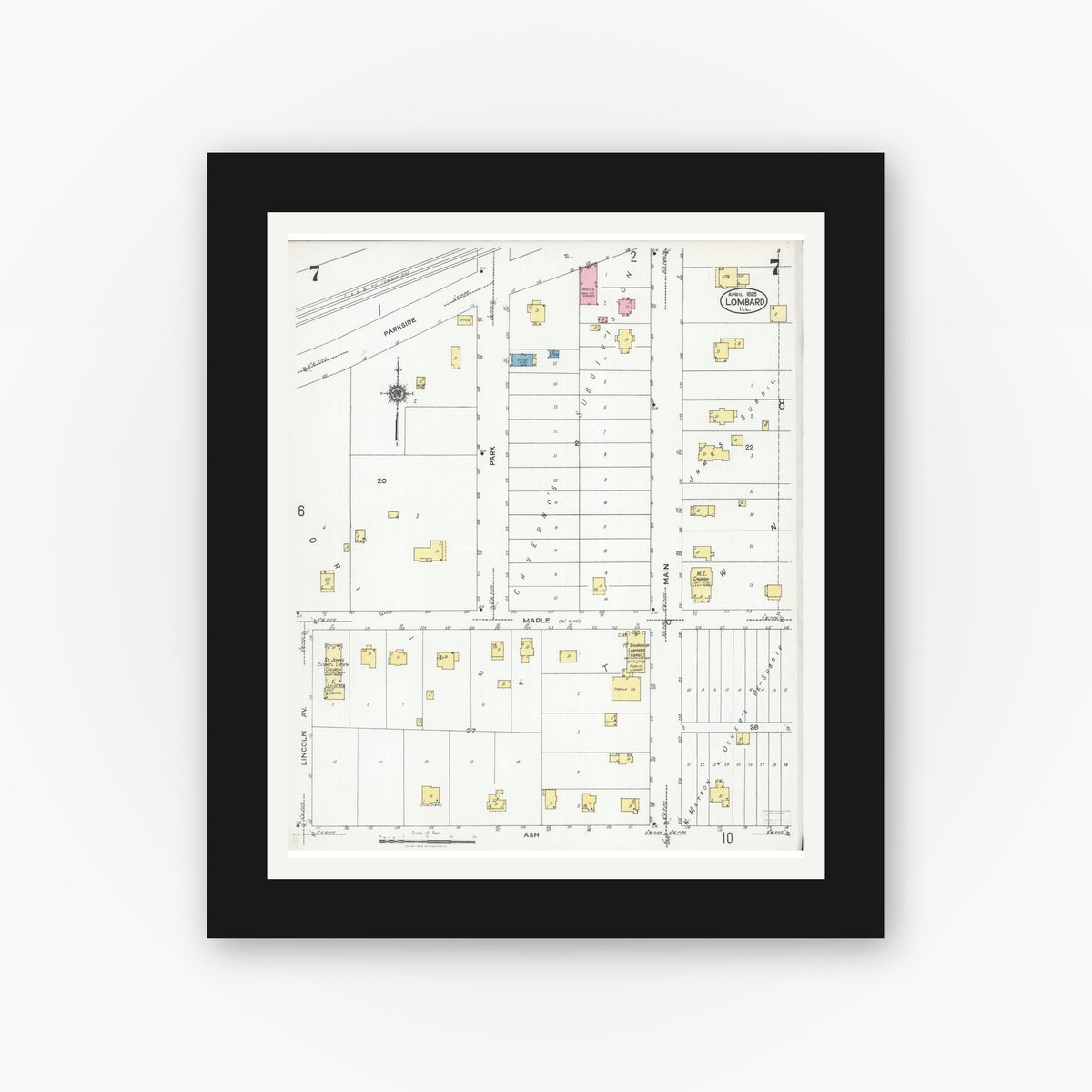 Old map wall art mockup — black gallery frame with white mat — Sanborn Fire Insurance Map from Lombard, Du Page County, Illinois (1925), Sheet #0007