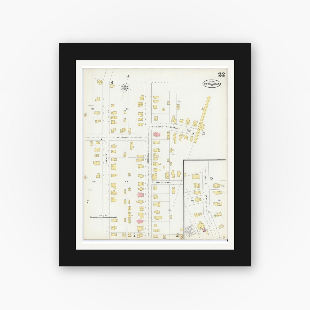 Old map wall art mockup — black gallery frame with white mat — Sanborn Fire Insurance Map from Hornell, Steuben County, New York (1898), Sheet #0022