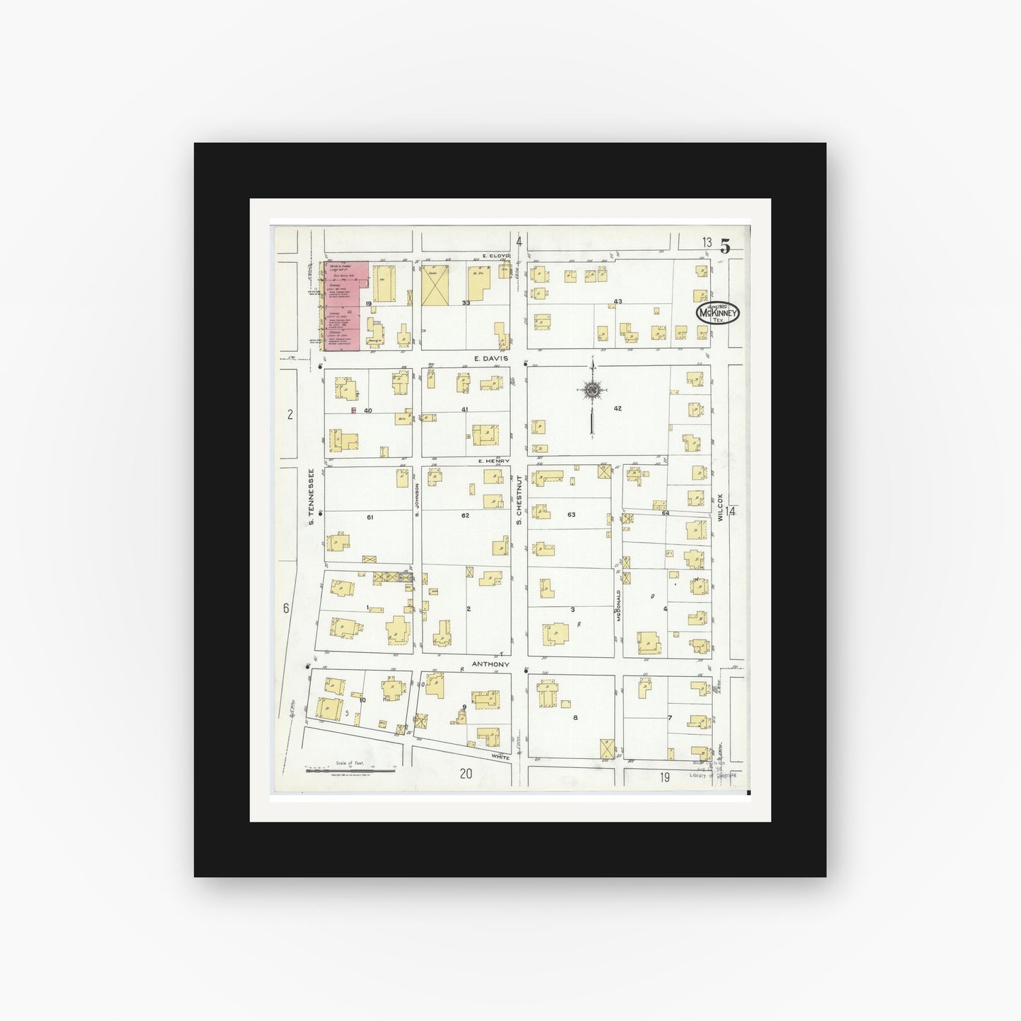 Old map wall art mockup — black gallery frame with white mat — Sanborn Fire Insurance Map from McKinney, Collin County, Texas (1920), Sheet #0005