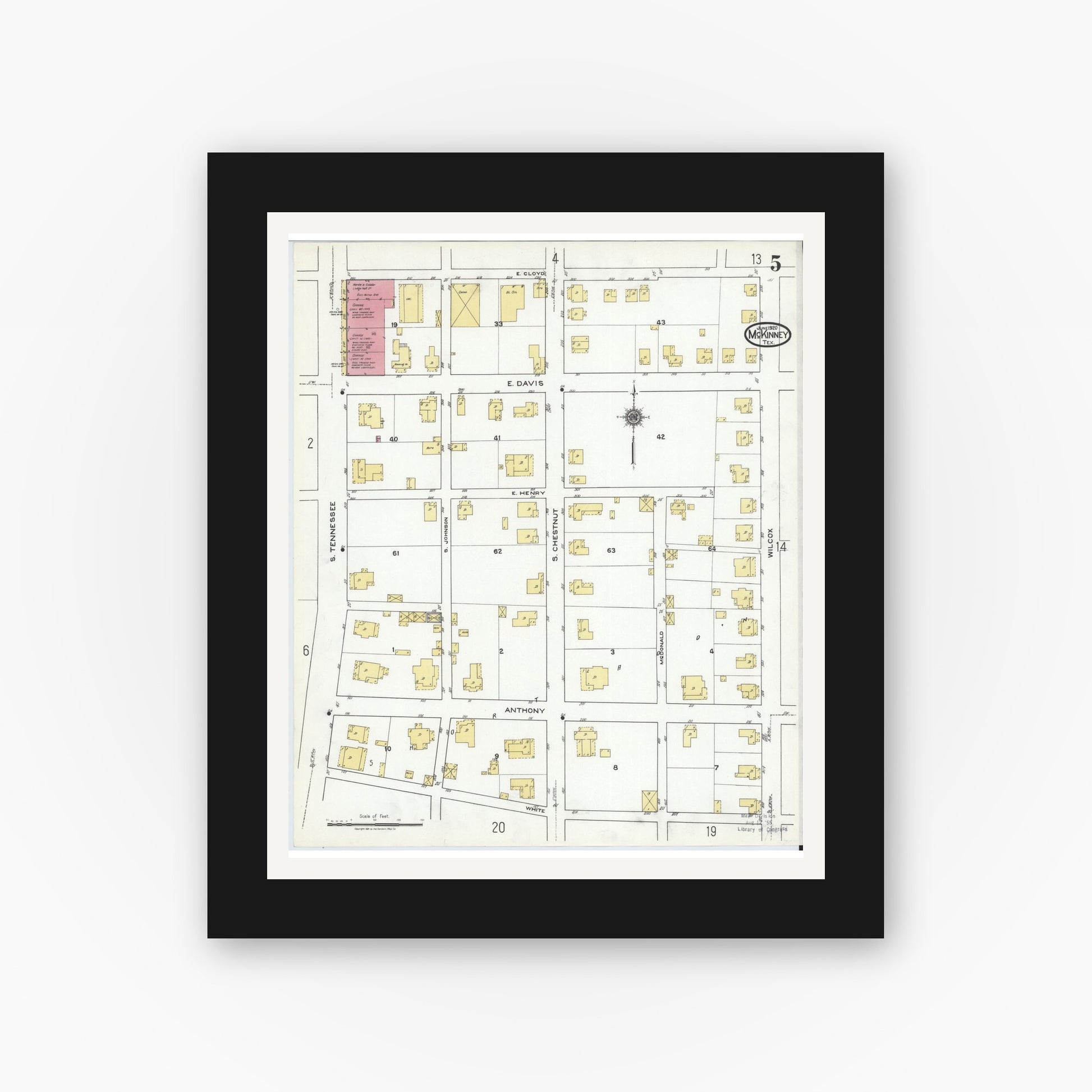 Old map wall art mockup — black gallery frame with white mat — Sanborn Fire Insurance Map from McKinney, Collin County, Texas (1920), Sheet #0005