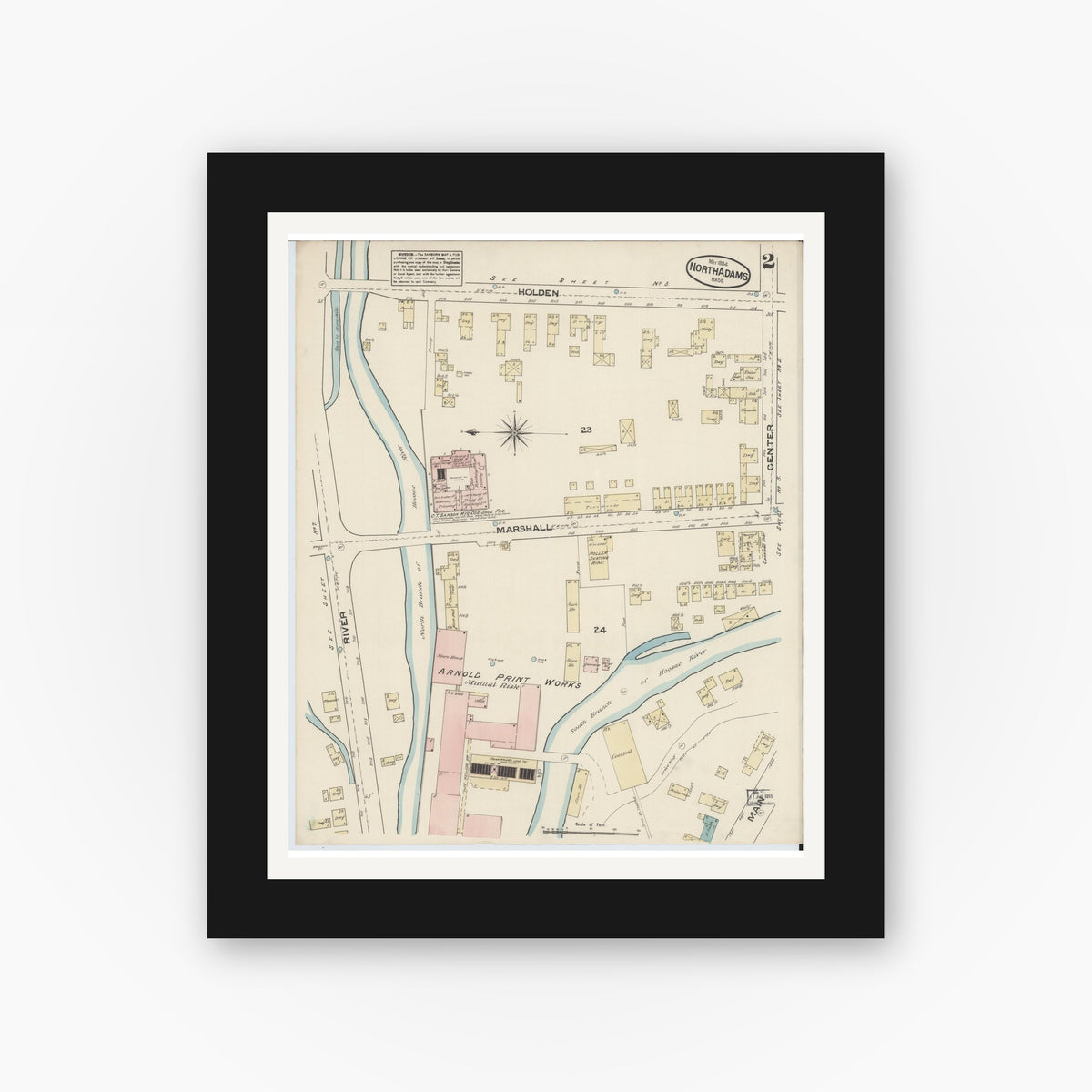 Old map wall art mockup — black gallery frame with white mat — Sanborn Fire Insurance Map from North Adams, Berkshire County, Massachusetts (1884), Sheet #0002