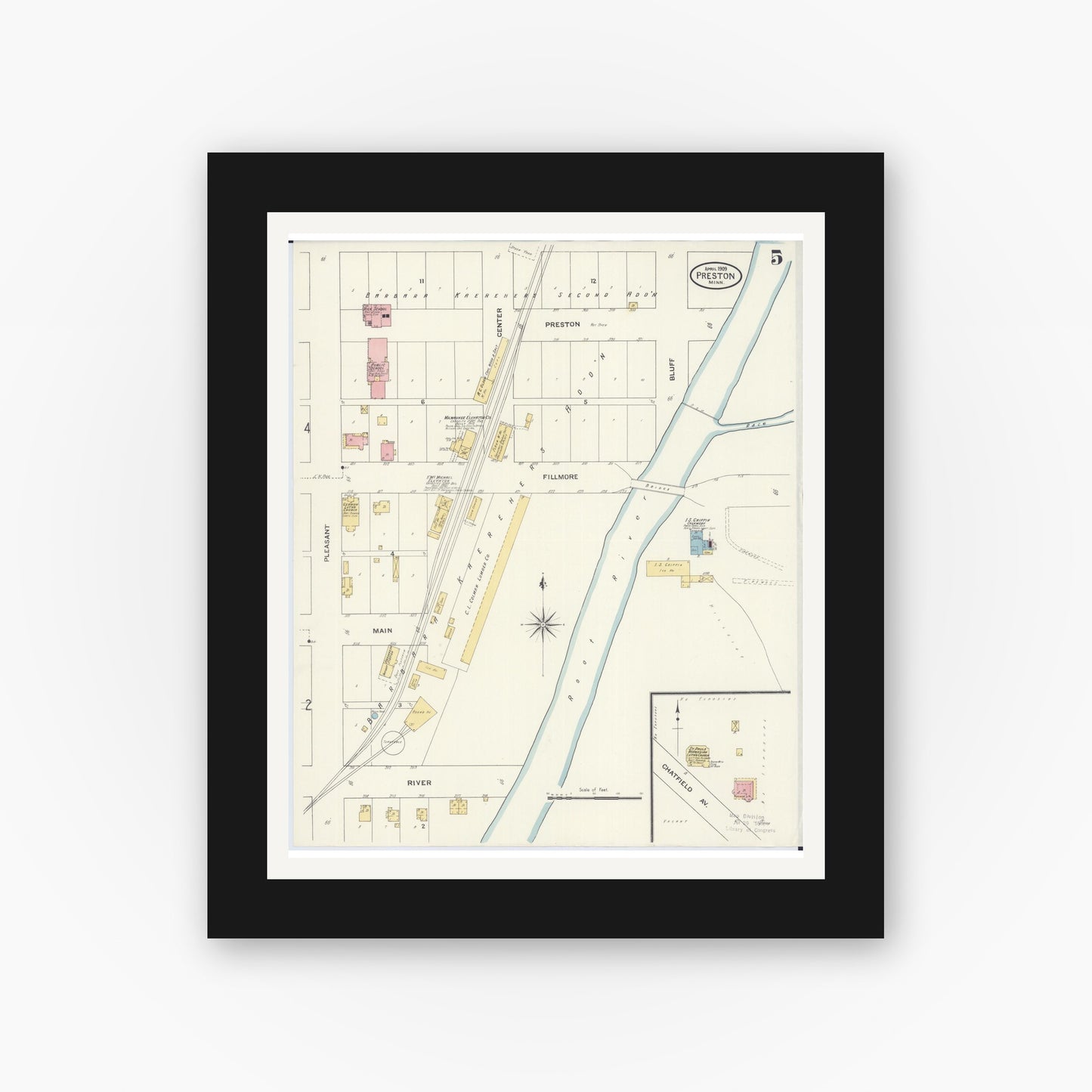 Old map wall art mockup — black gallery frame with white mat — Sanborn Fire Insurance Map from Preston, Fillmore County, Minnesota (1909), Sheet #0005
