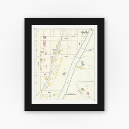 Old map wall art mockup — black gallery frame with white mat — Sanborn Fire Insurance Map from Preston, Fillmore County, Minnesota (1909), Sheet #0005