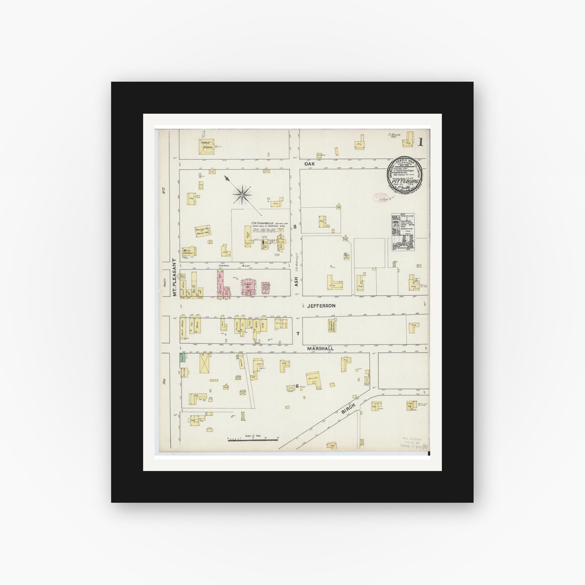 Old map wall art mockup — black gallery frame with white mat — Sanborn Fire Insurance Map from Pittsburg, Camp County, Texas (1891) - Complete Map Set