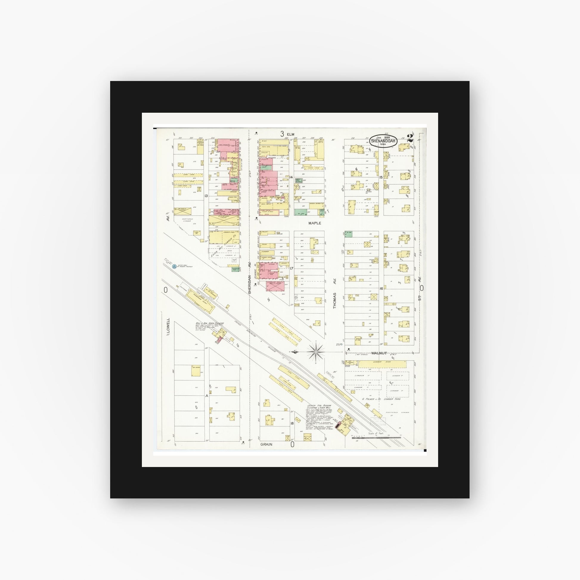 Old map wall art mockup — black gallery frame with white mat — Sanborn Fire Insurance Map from Shenandoah, Page County, Iowa (1899), Sheet #0002