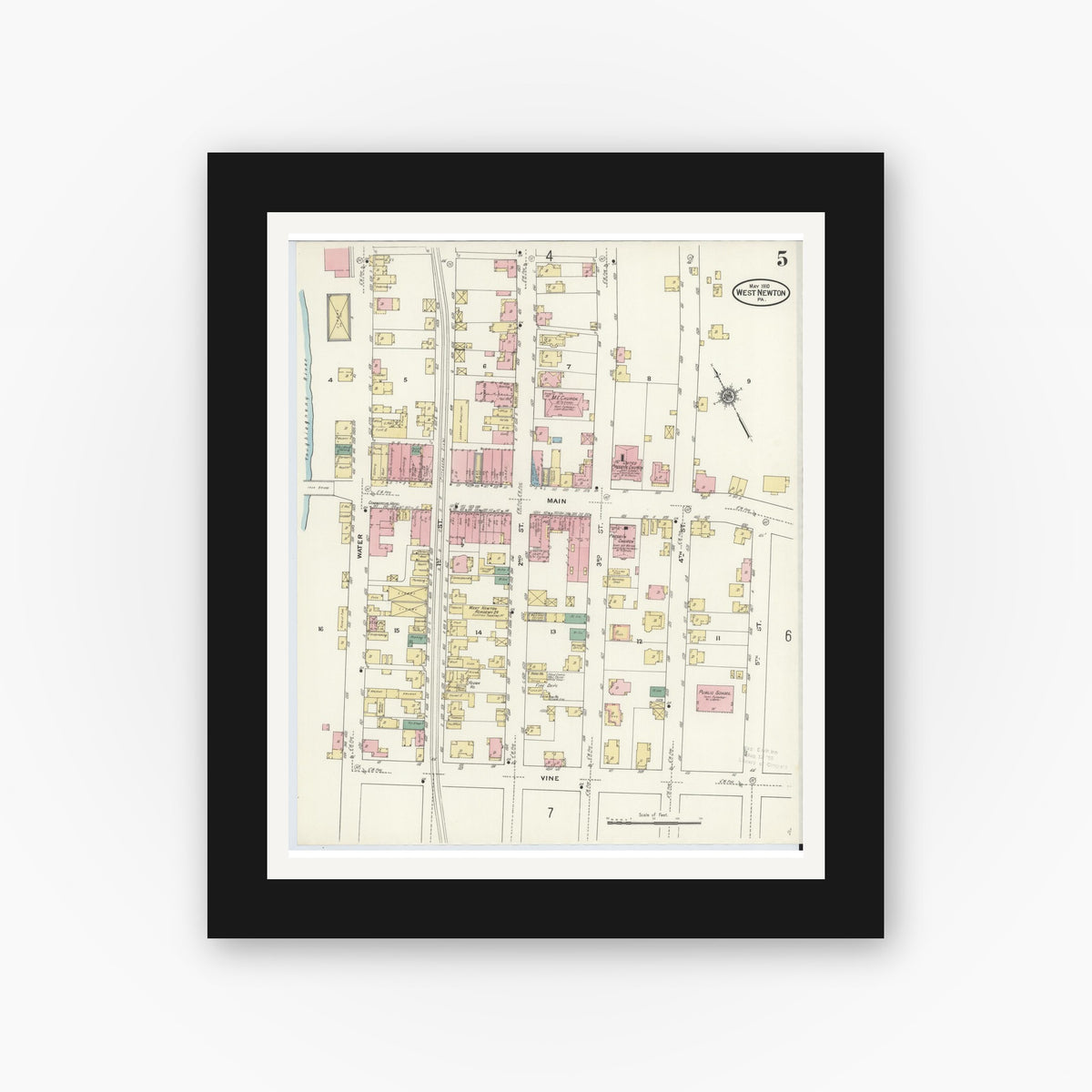 Old map wall art mockup — black gallery frame with white mat — Sanborn Fire Insurance Map from West Newton, Westmoreland County, Pennsylvania (1910), Sheet #0005