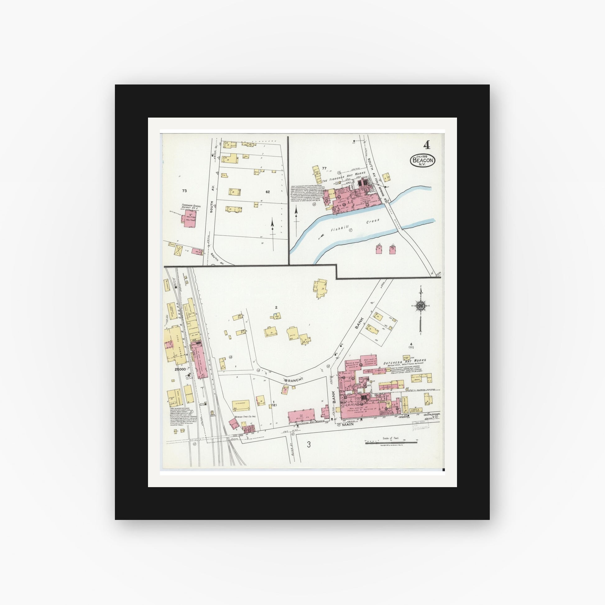 Old map wall art mockup — black gallery frame with white mat — Sanborn Fire Insurance Map from Beacon, Dutchess County, New York (1919), Sheet #0004