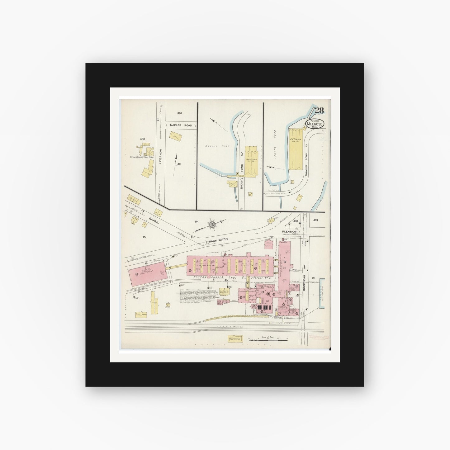 Old map wall art mockup — black gallery frame with white mat — Sanborn Fire Insurance Map from Melrose, Middlesex County, Massachusetts (1915), Sheet #0028