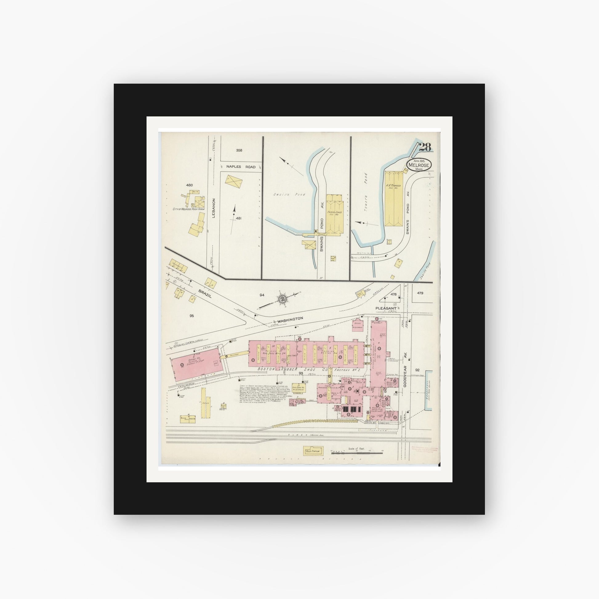 Old map wall art mockup — black gallery frame with white mat — Sanborn Fire Insurance Map from Melrose, Middlesex County, Massachusetts (1915), Sheet #0028