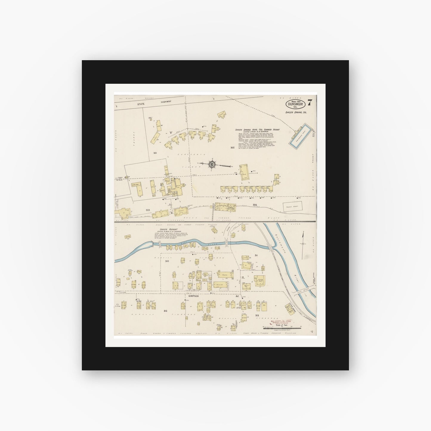 Old map wall art mockup — black gallery frame with white mat — Sanborn Fire Insurance Map from Dunsmuir, Siskiyou County, California (1920), Sheet #0007