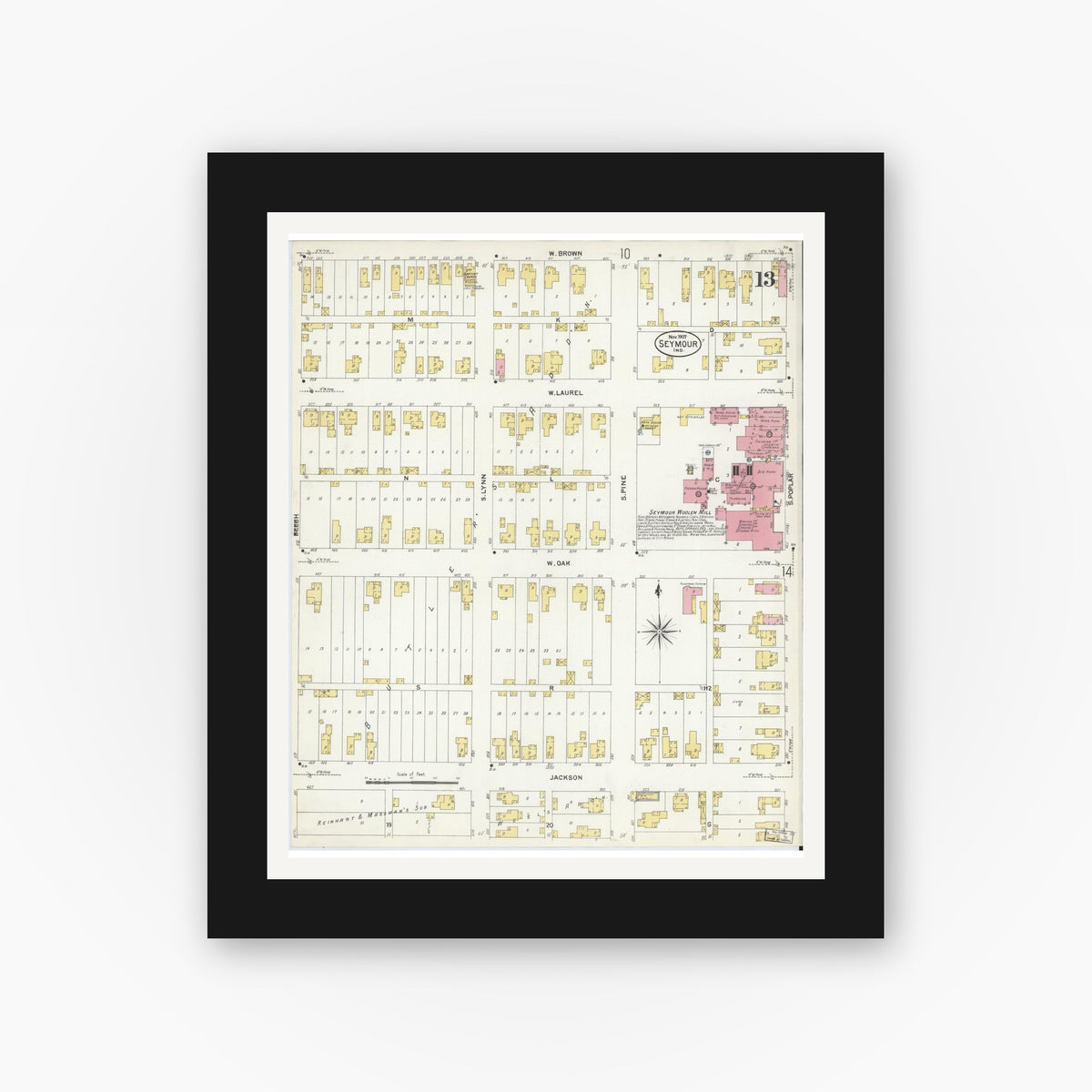 Old map wall art mockup — black gallery frame with white mat — Sanborn Fire Insurance Map from Seymour, Jackson County, Indiana (1907), Sheet #0013