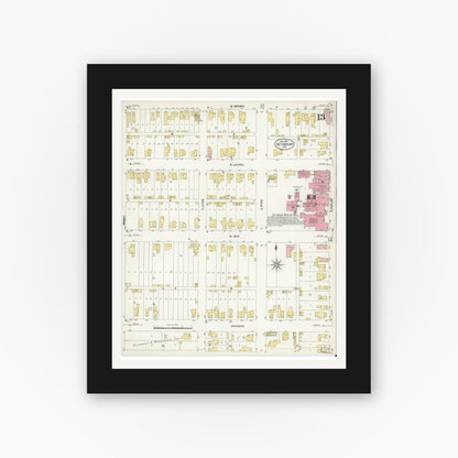 Old map wall art mockup — black gallery frame with white mat — Sanborn Fire Insurance Map from Seymour, Jackson County, Indiana (1907), Sheet #0013