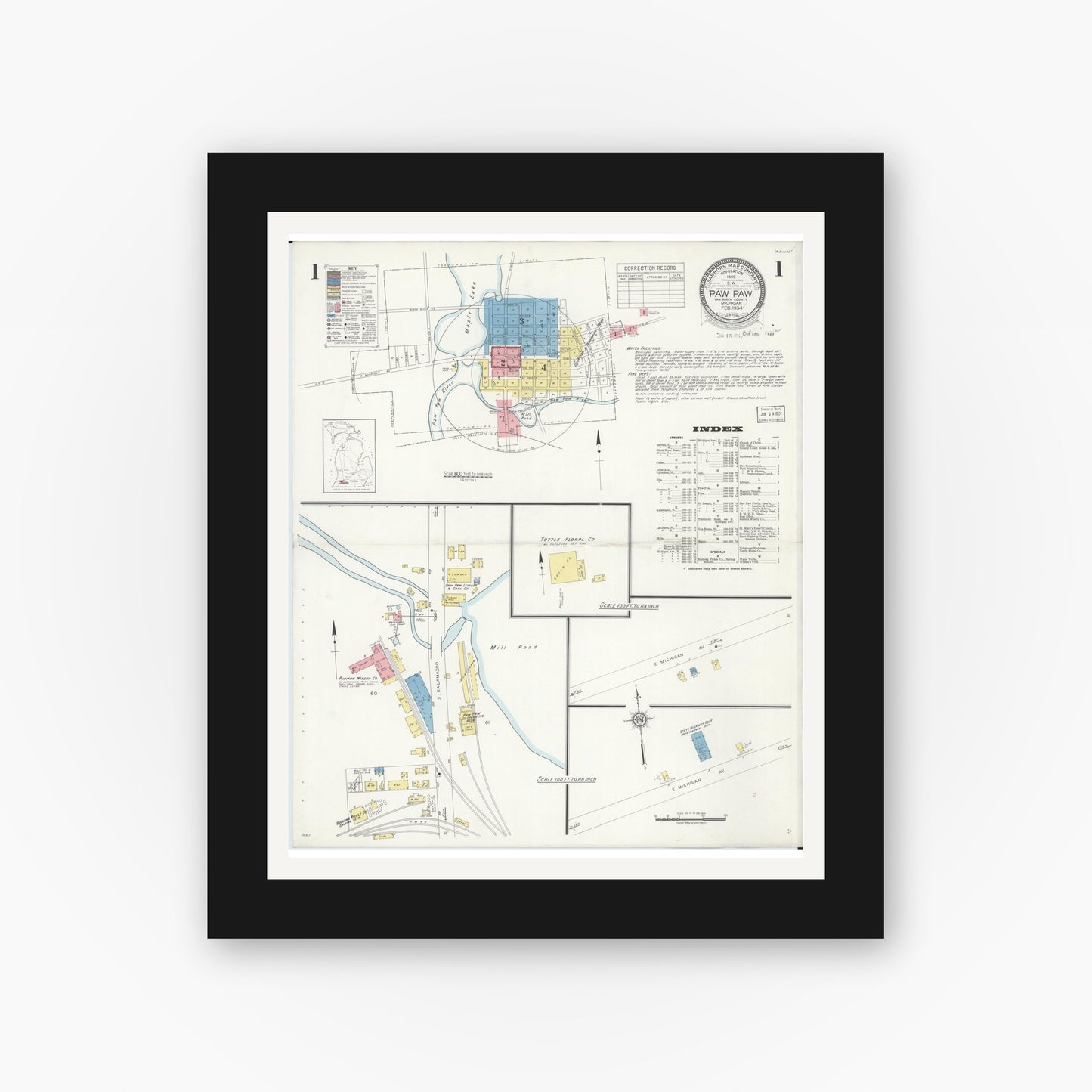 Old map wall art mockup — black gallery frame with white mat — Sanborn Fire Insurance Map from Paw Paw, Van Buren County, Michigan (1934) - Complete Map Set