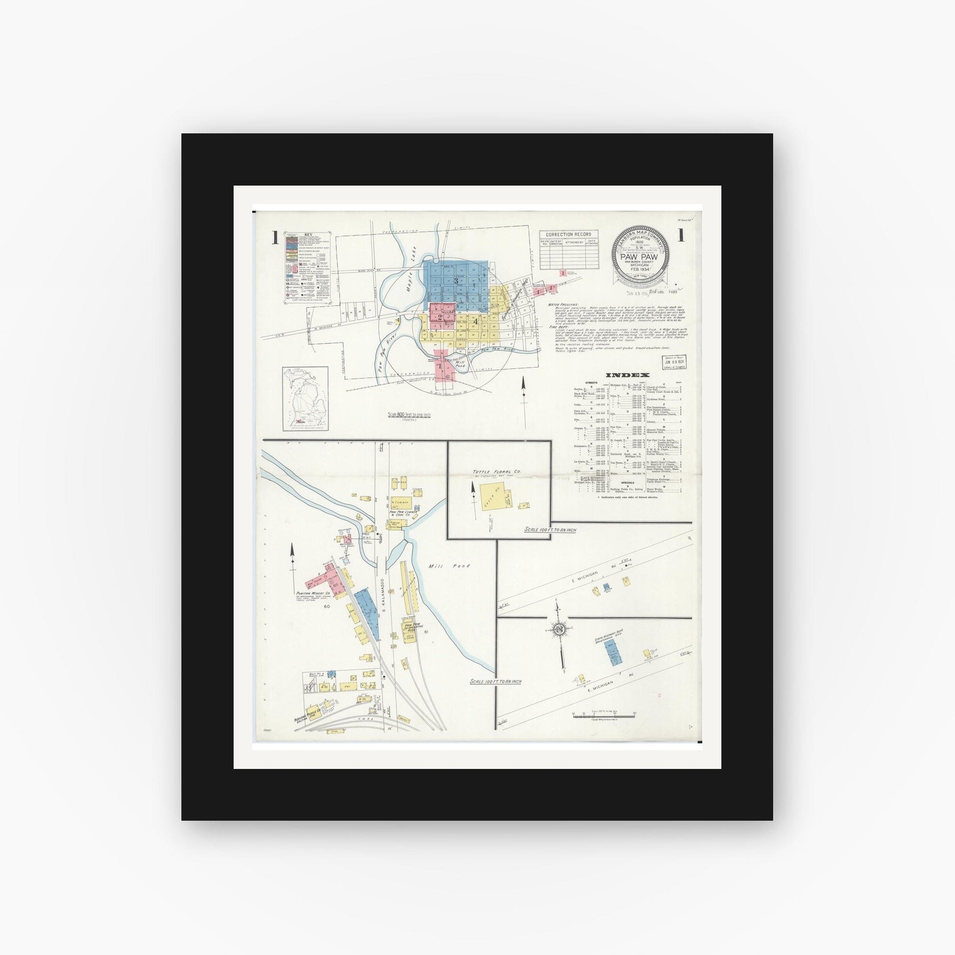 Old map wall art mockup — black gallery frame with white mat — Sanborn Fire Insurance Map from Paw Paw, Van Buren County, Michigan (1934) - Complete Map Set