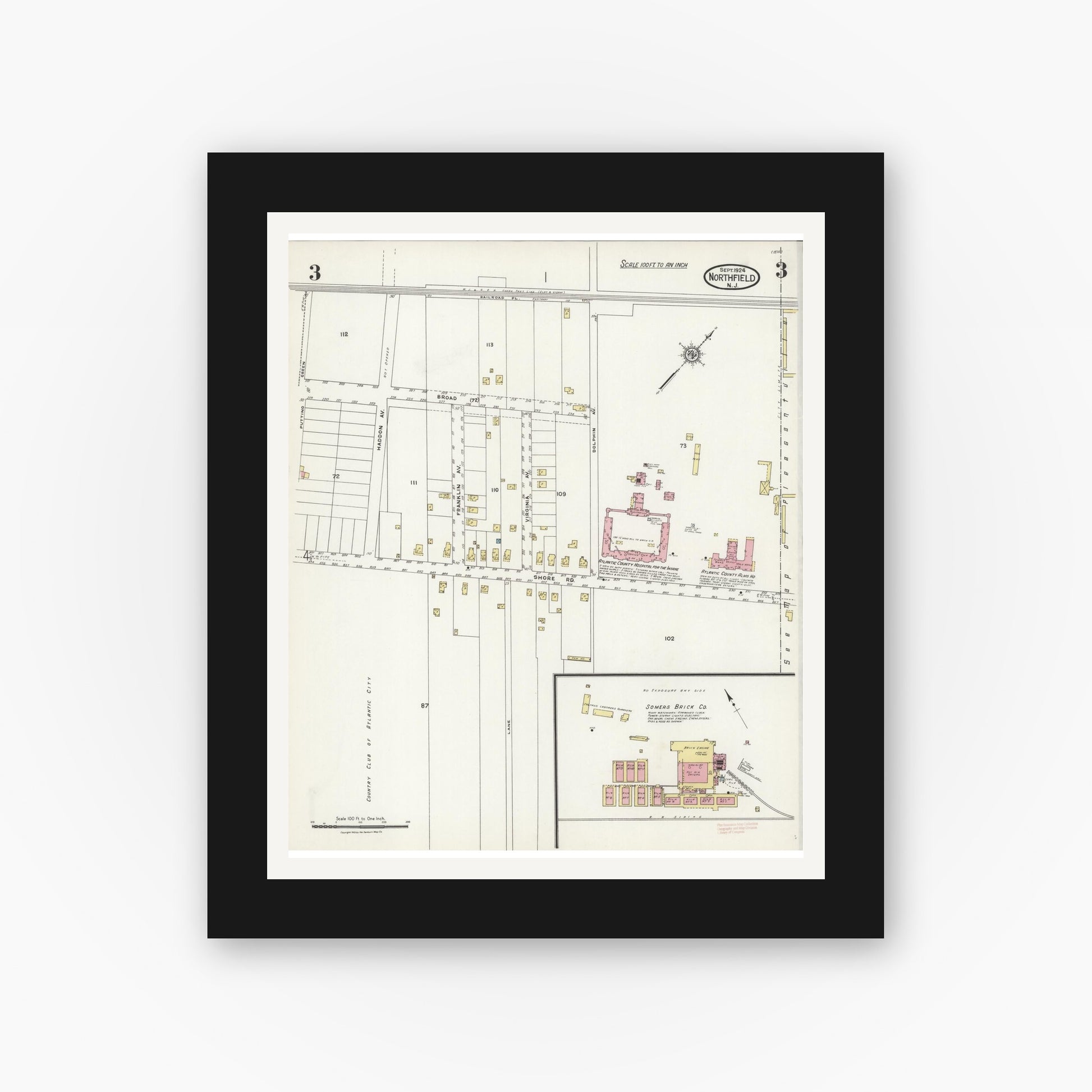 Old map wall art mockup — black gallery frame with white mat — Sanborn Fire Insurance Map from Northfield, Atlantic County, New Jersey (1924), Sheet #0003