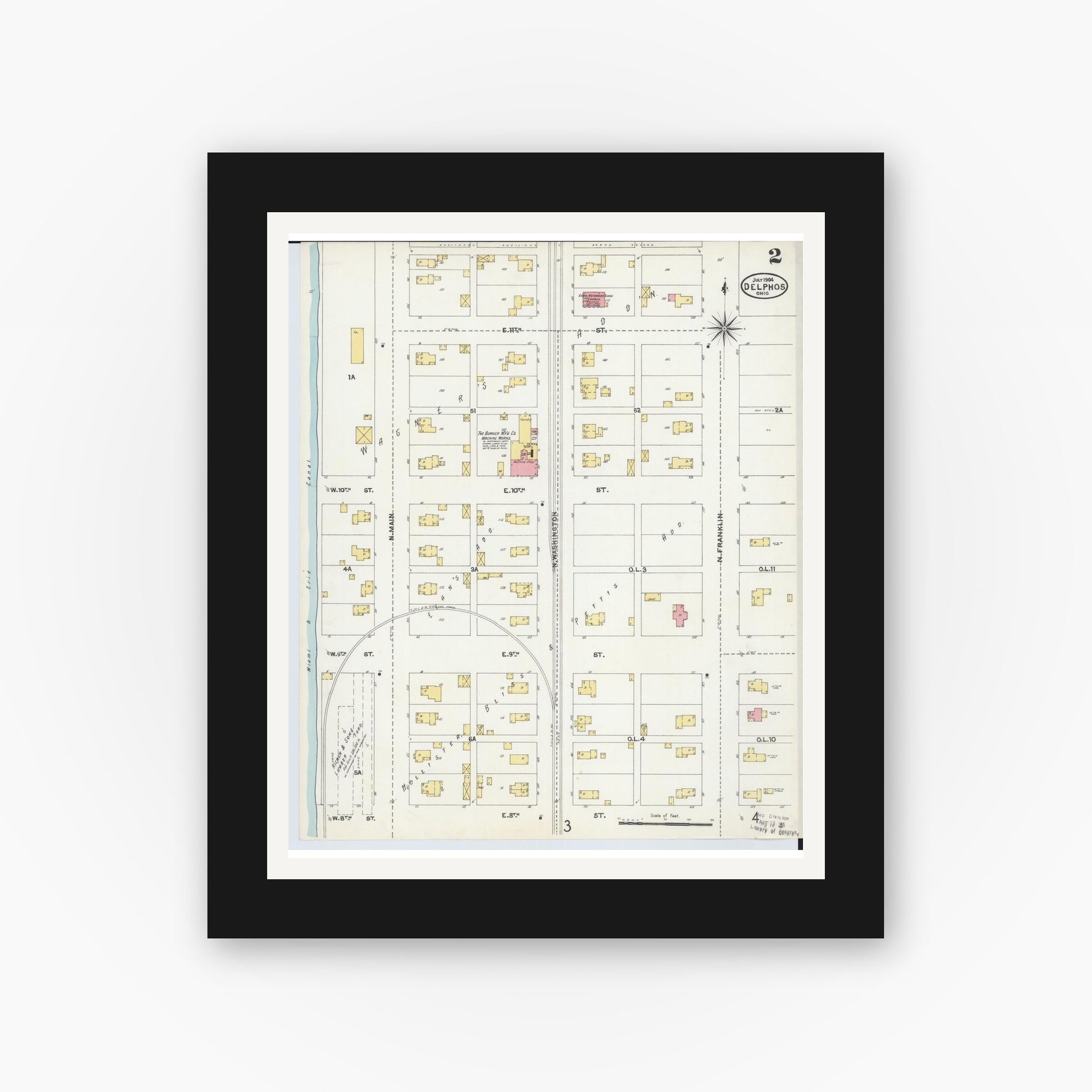 Old map wall art mockup — black gallery frame with white mat — Sanborn Fire Insurance Map from Delphos, Van Wert And Allen Counties, Ohio (1904), Sheet #0002