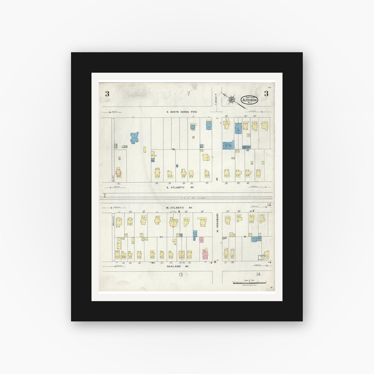 Old map wall art mockup — black gallery frame with white mat — Sanborn Fire Insurance Map from Audubon, Camden County, New Jersey (1924), Sheet #0003