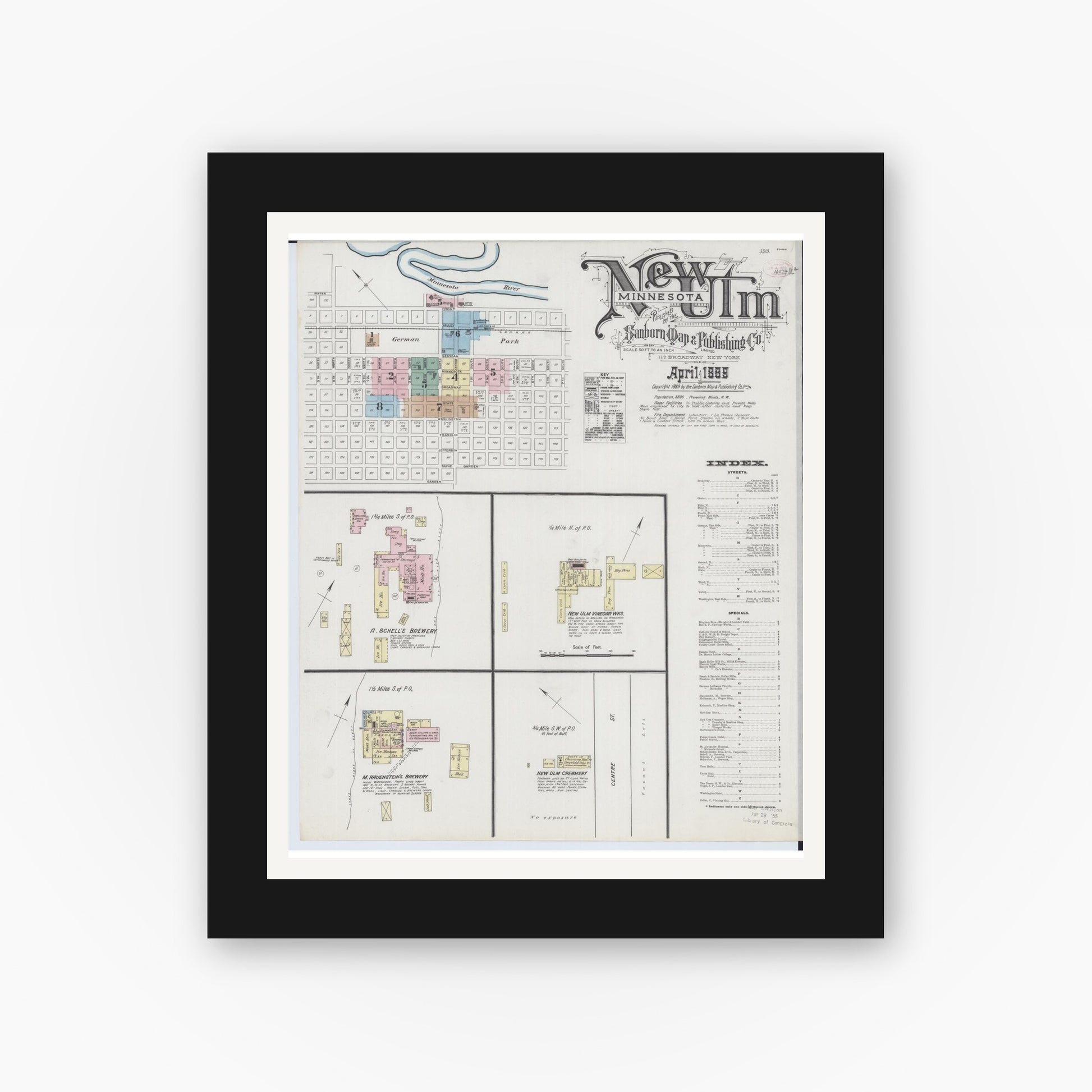 Old map wall art mockup — black gallery frame with white mat — Sanborn Fire Insurance Map from New Ulm, Brown County, Minnesota (1889), Sheet #0001