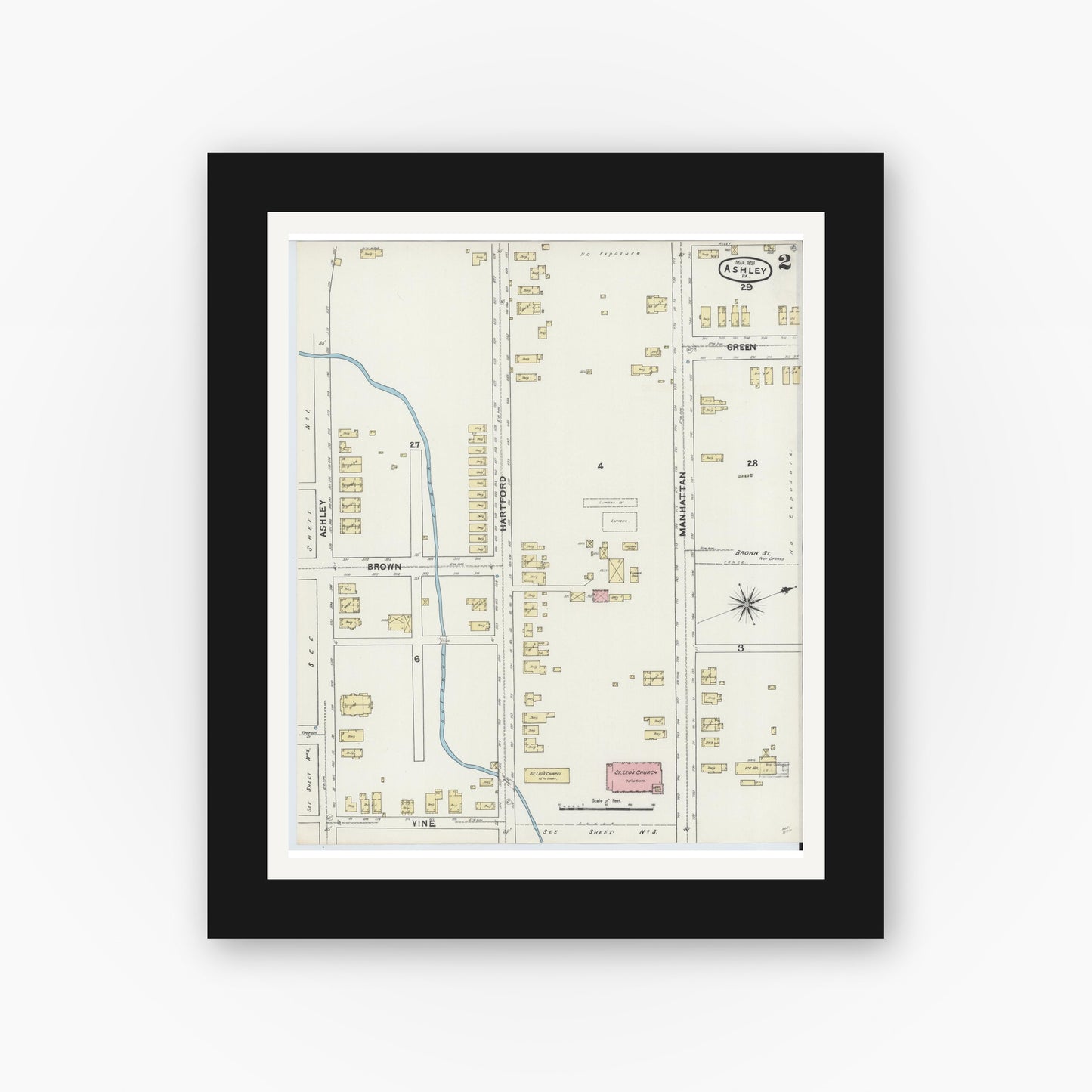 Old map wall art mockup — black gallery frame with white mat — Sanborn Fire Insurance Map from Ashley, Luzerne County, Pennsylvania (1891), Sheet #0002