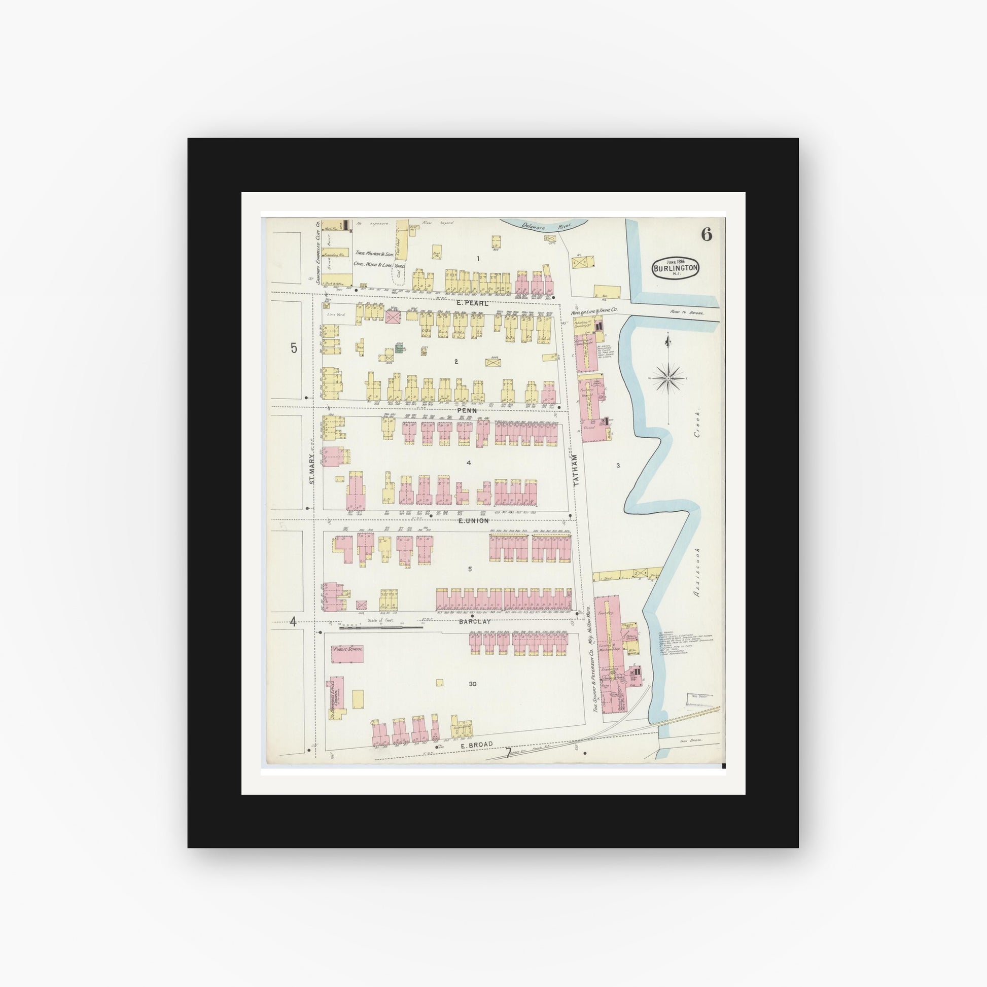 Old map wall art mockup — black gallery frame with white mat — Sanborn Fire Insurance Map from Burlington, Burlington County, New Jersey (1896), Sheet #0006