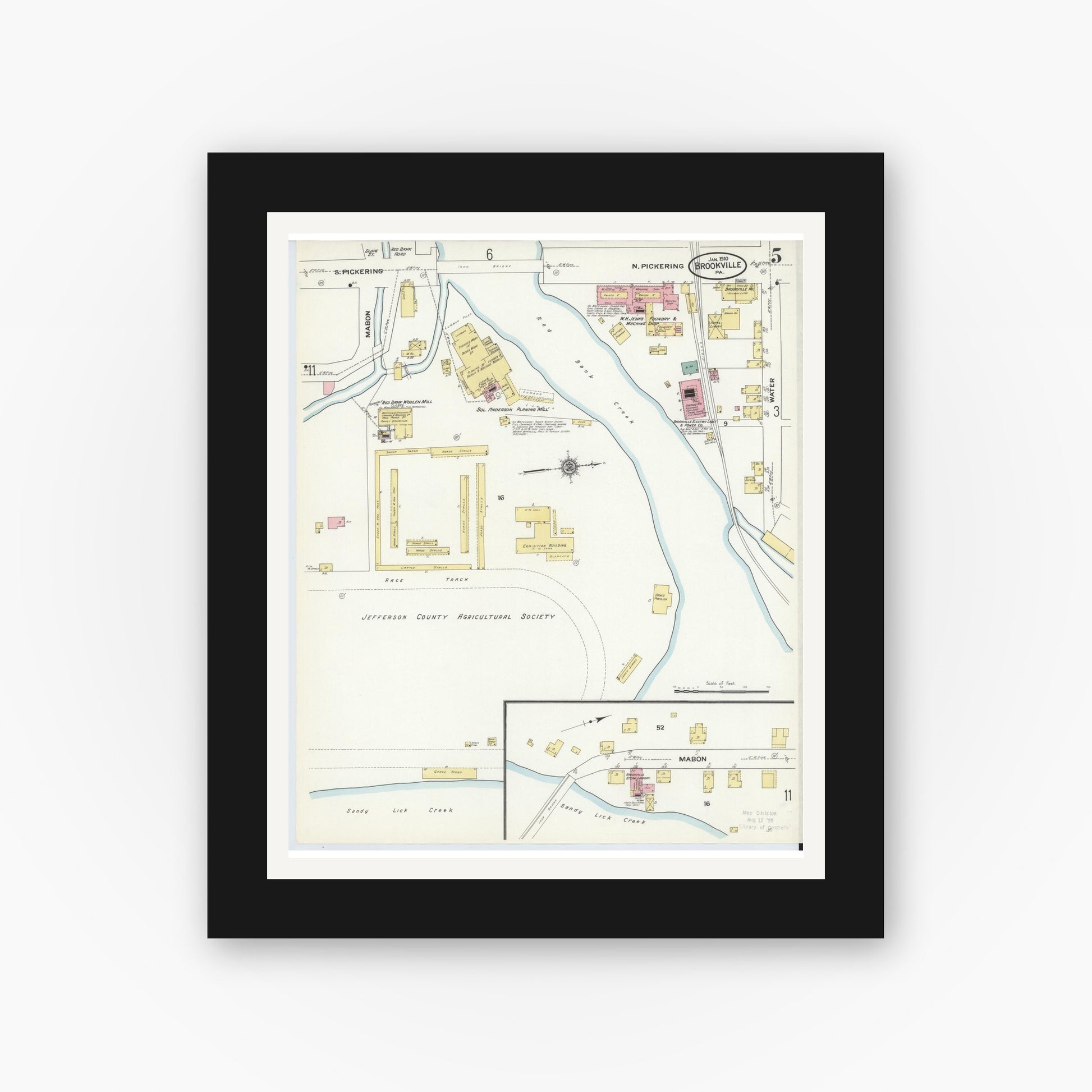 Old map wall art mockup — black gallery frame with white mat — Sanborn Fire Insurance Map from Brookville, Jefferson County, Pennsylvania (1910), Sheet #0005