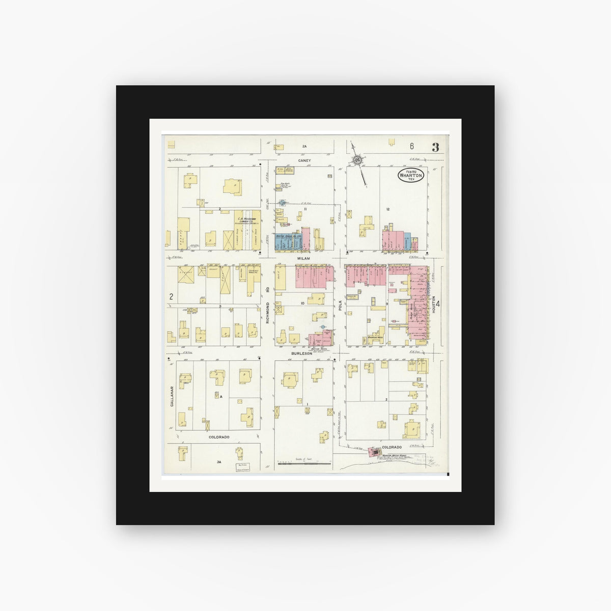 Old map wall art mockup — black gallery frame with white mat — Sanborn Fire Insurance Map from Wharton, Wharton County, Texas (1912), Sheet #0004