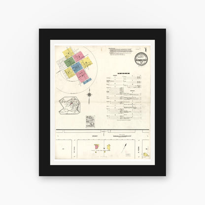 Old map wall art mockup — black gallery frame with white mat — Sanborn Fire Insurance Map from Blooming Grove, Navarro County, Texas (1921), Sheet #0001